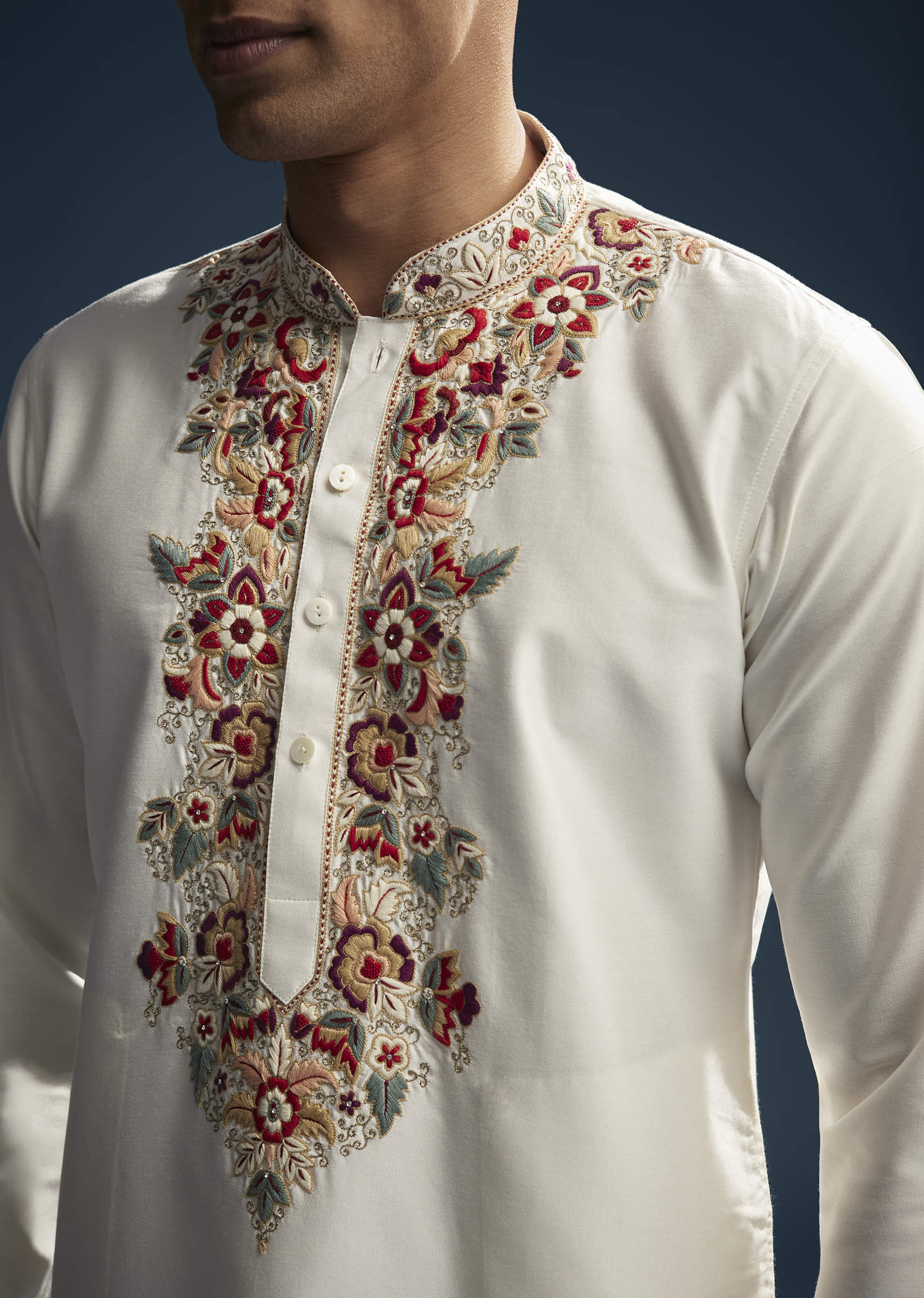 Off White Silk Kurta Set For Men With Multicolour Hand Embroidery - Image 2