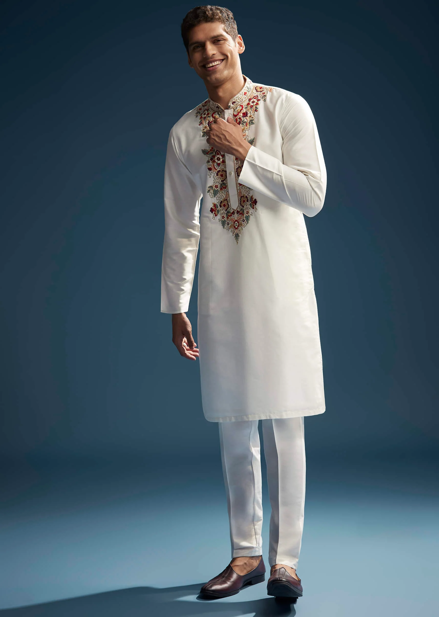 Off White Silk Kurta Set For Men With Multicolour Hand Embroidery - Image 3