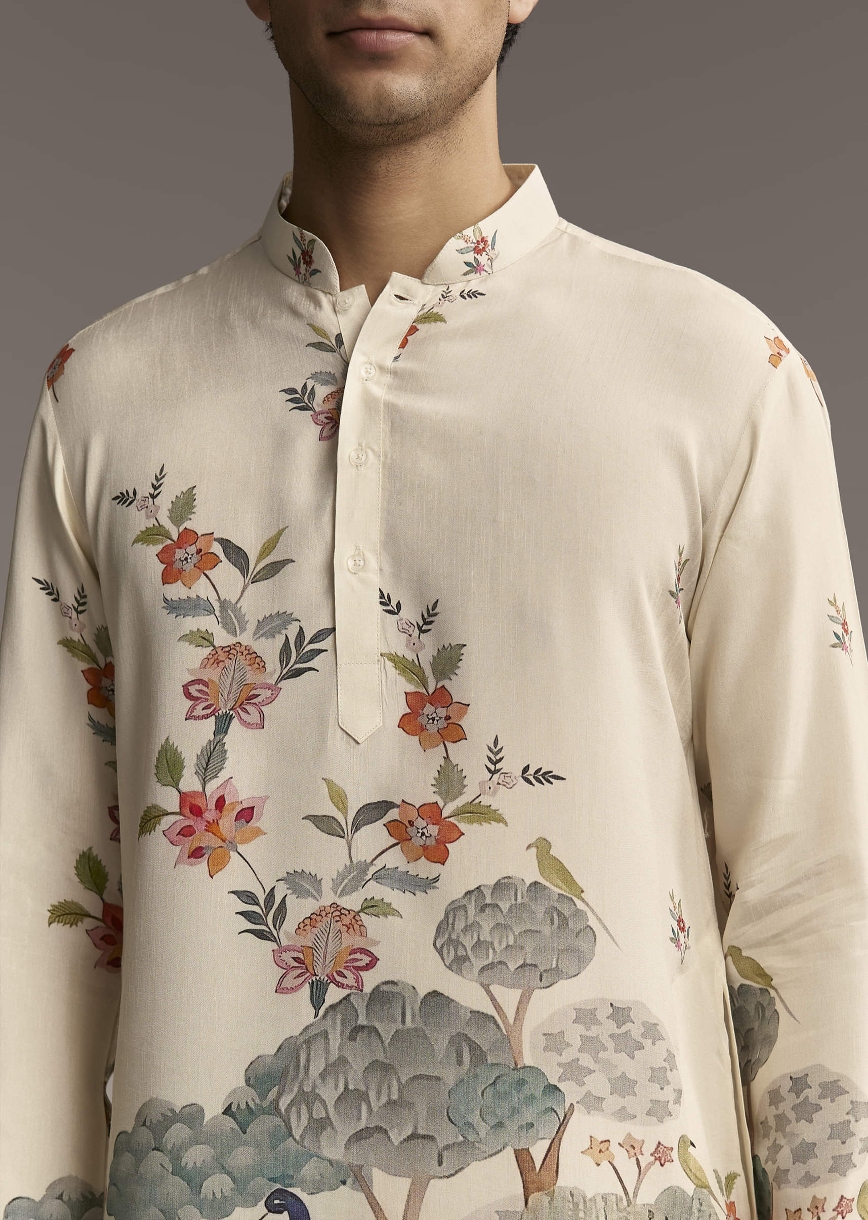 Off White Silk Kurta Set For Men With Scenic Nature Inspired Print - Image 2