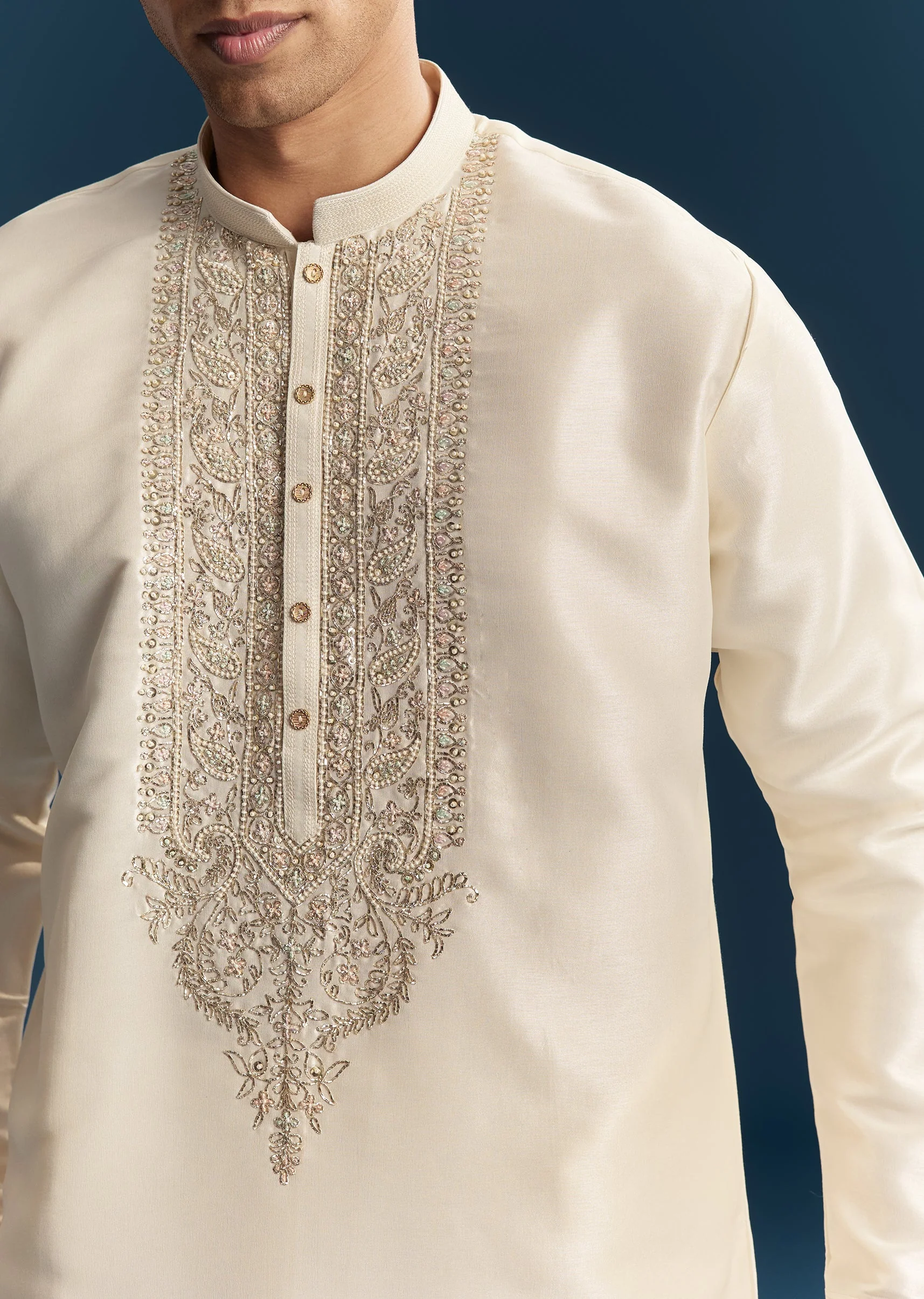 Off White Silk Kurta Set With Thread And Moti Detail Work - Image 2