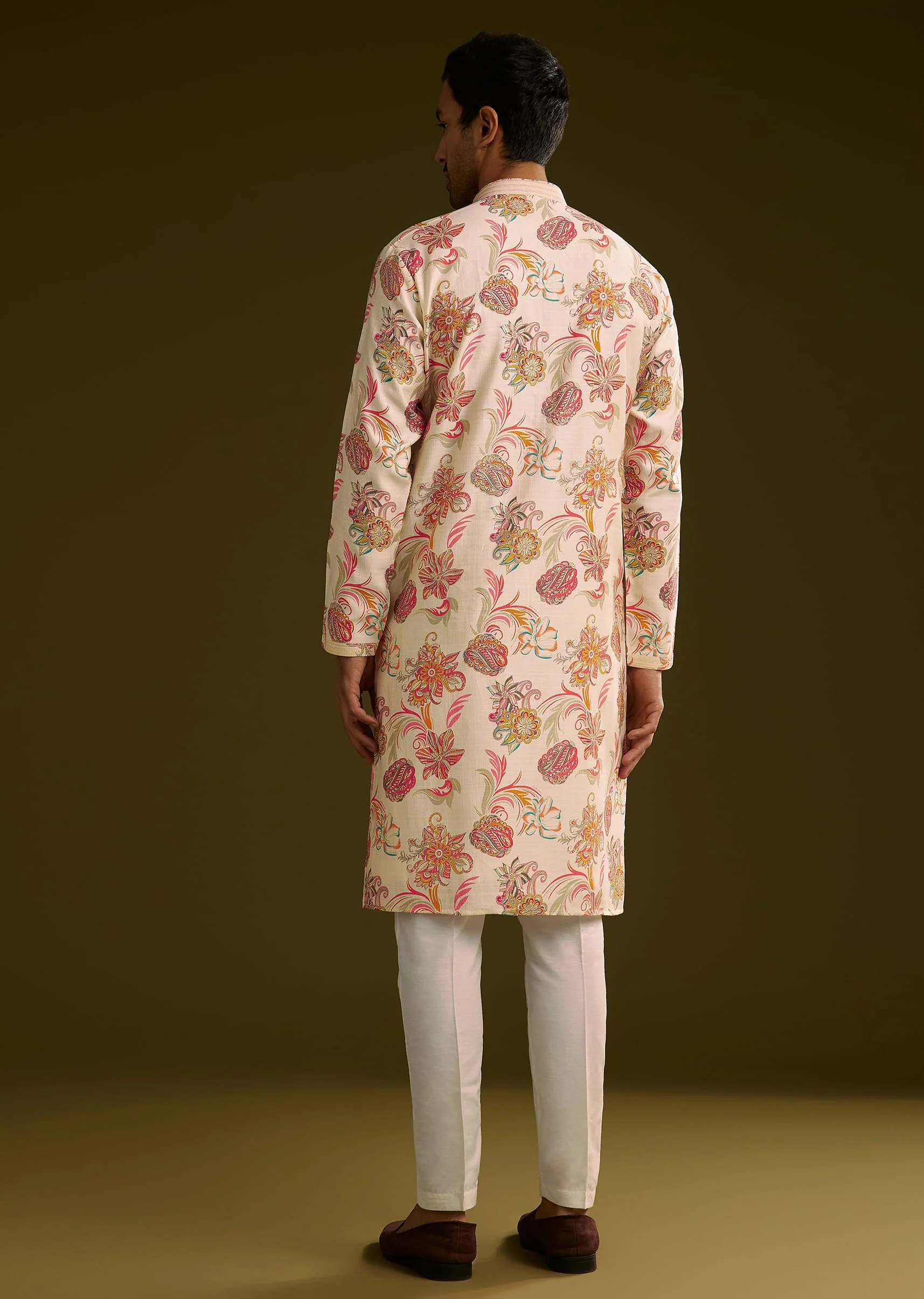 Off White Silk Kurta Set With Warm Coloured Nature Motifs - Image 5