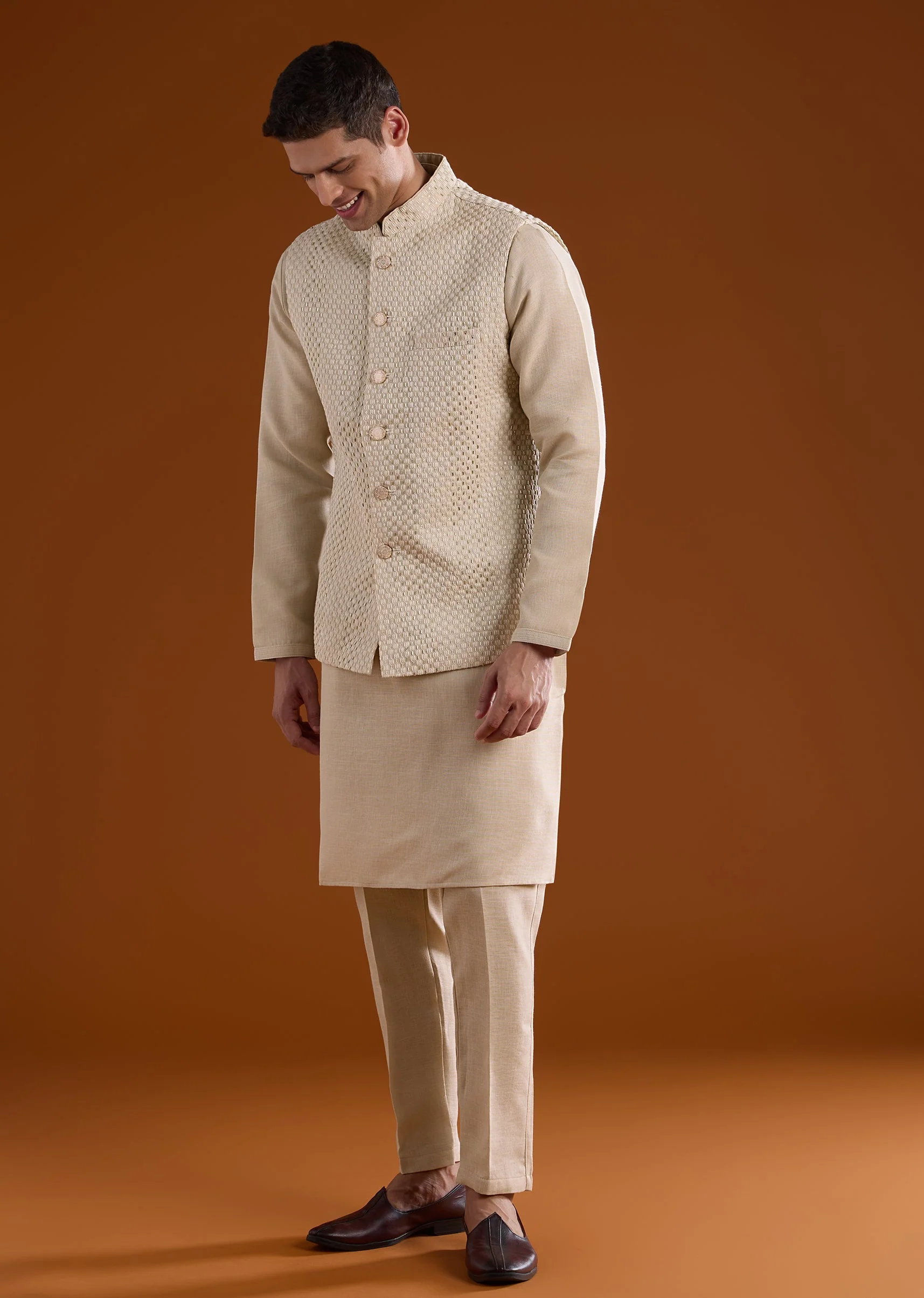 Off White Silk Mens Kurta Jacket Set With Thread Bead And Metal Work - Image 2