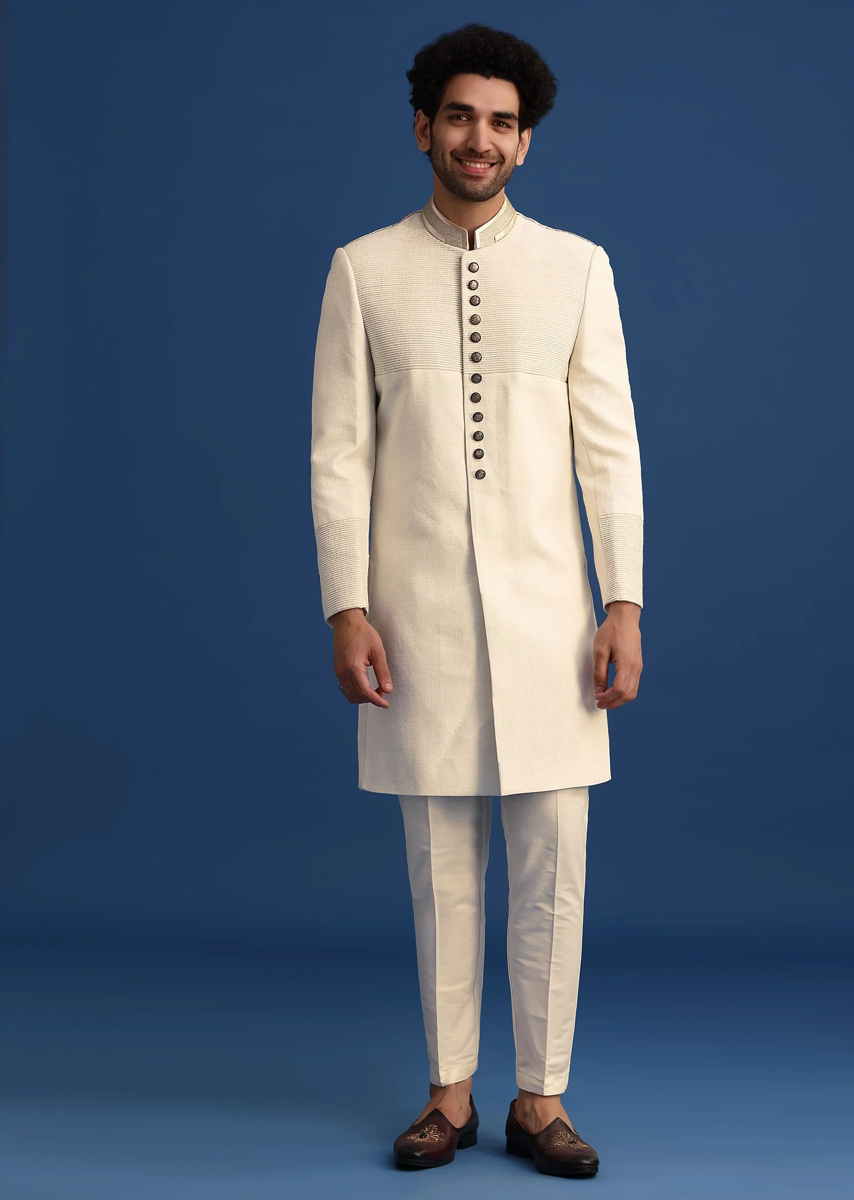 Off White Silk Sherwani Set With Zari Embroidery - Image 3