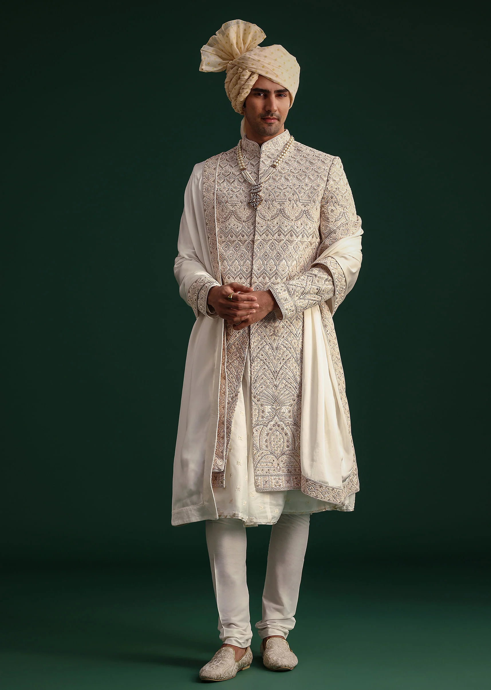 Off White Silk Threadwork Sherwani Suit With Dupatta And Mala