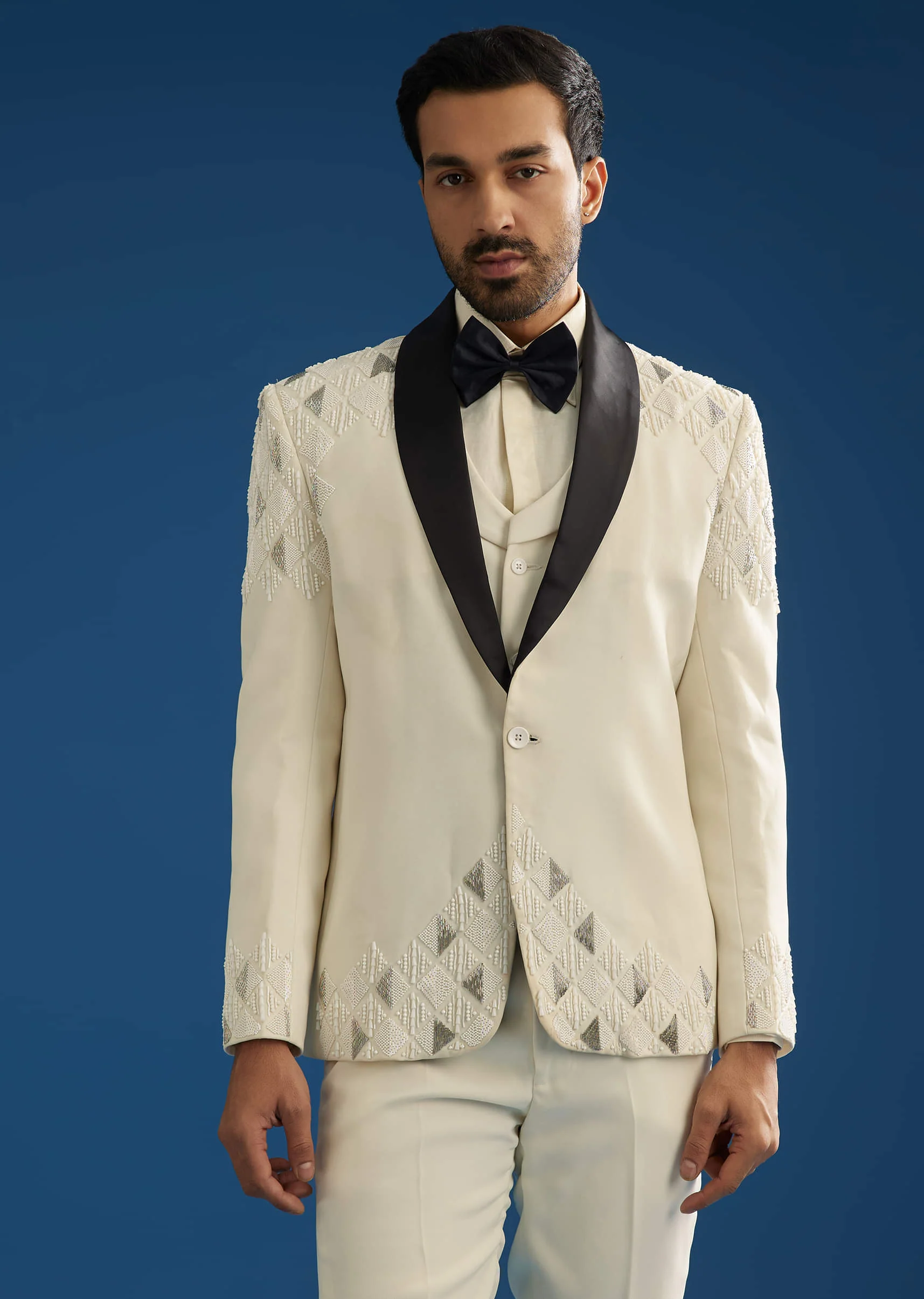 Off White Suiting Blazer Set With Beads And Cutdana Embroidery - Image 2