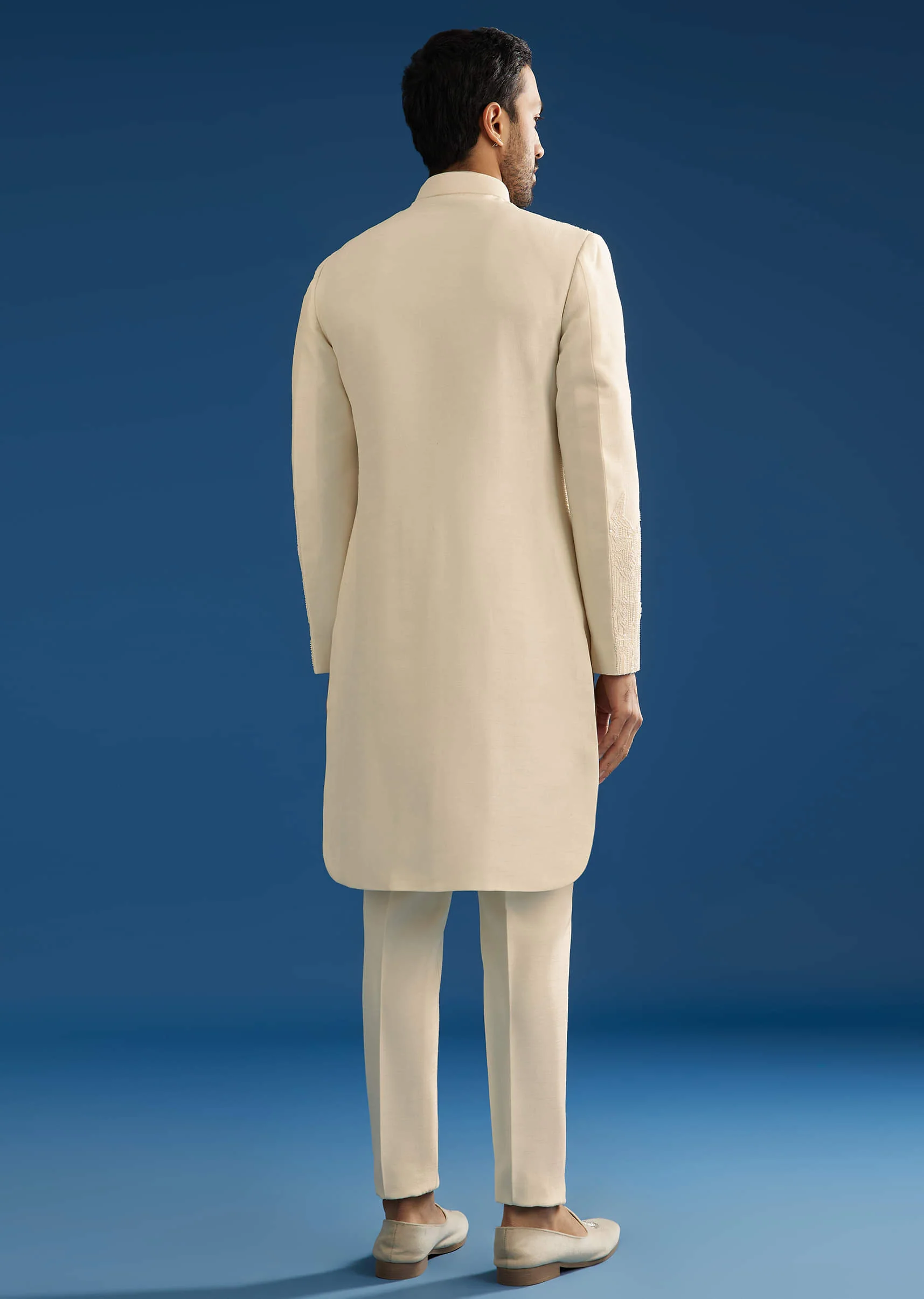 Off White Tussar Groomsman Sherwani Suit With Hand Embroidery - Image 5