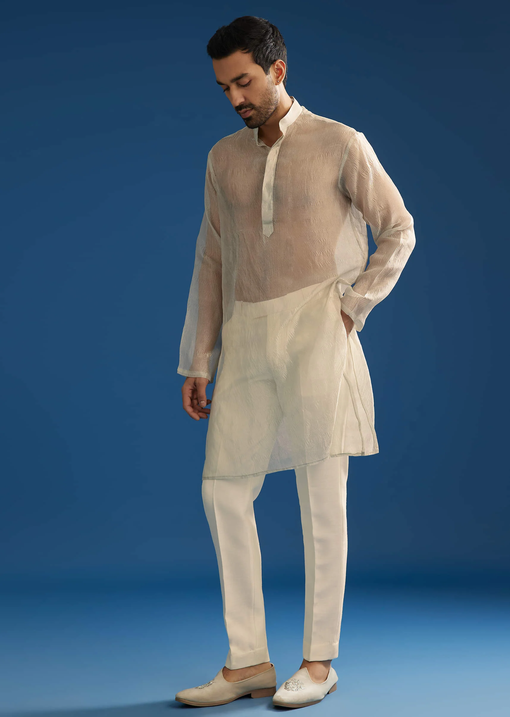 Off White Tussar Groomsman Sherwani Suit With Hand Embroidery - Image 6