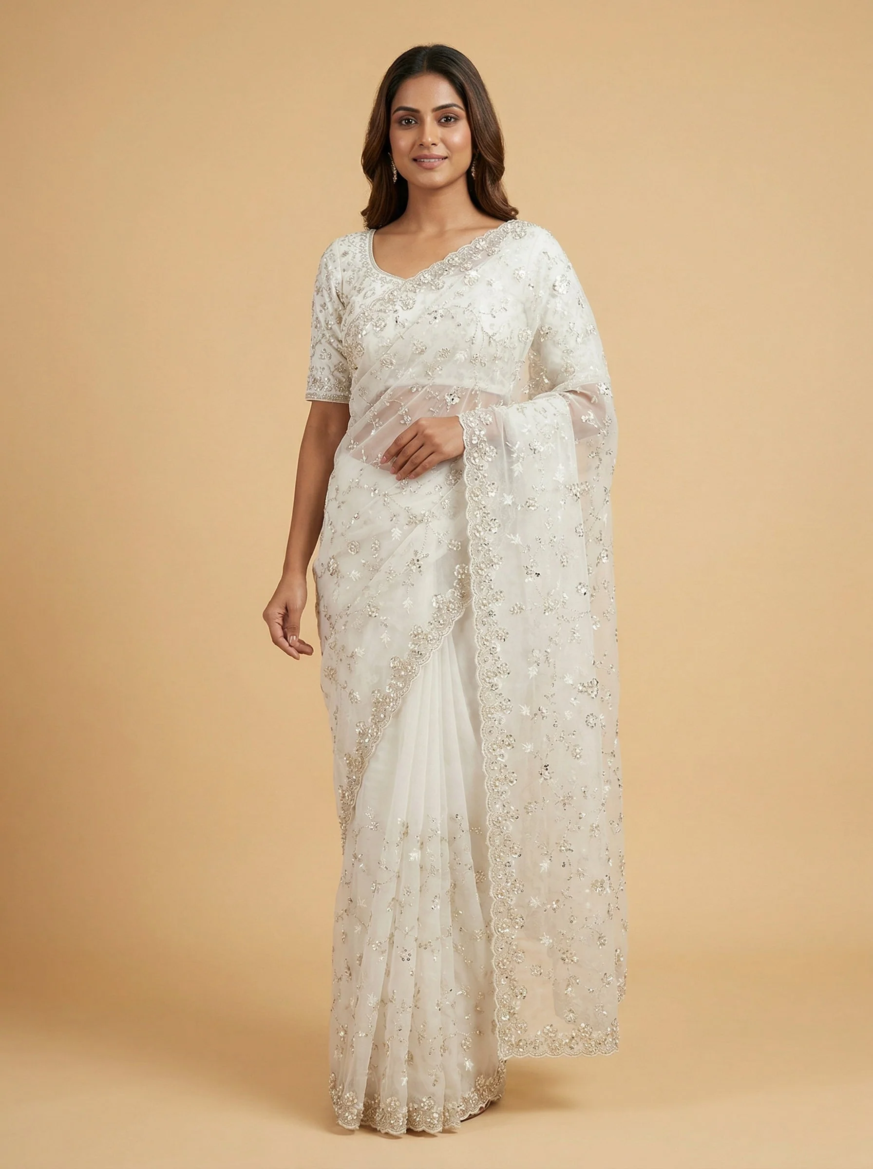 Off White Understated Embroidered Saree