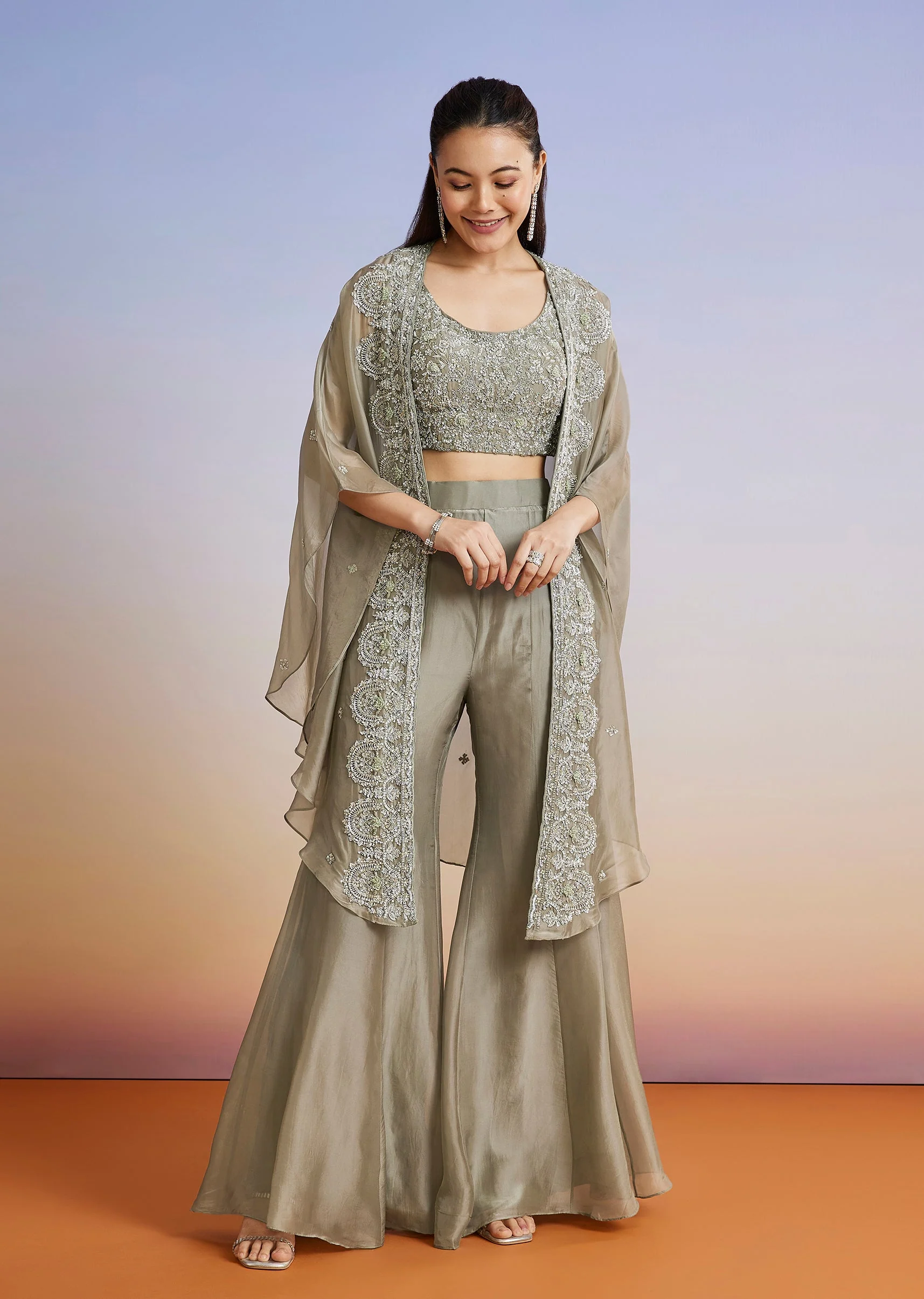 Olive Embroidered Organza Cape Palazzo Set