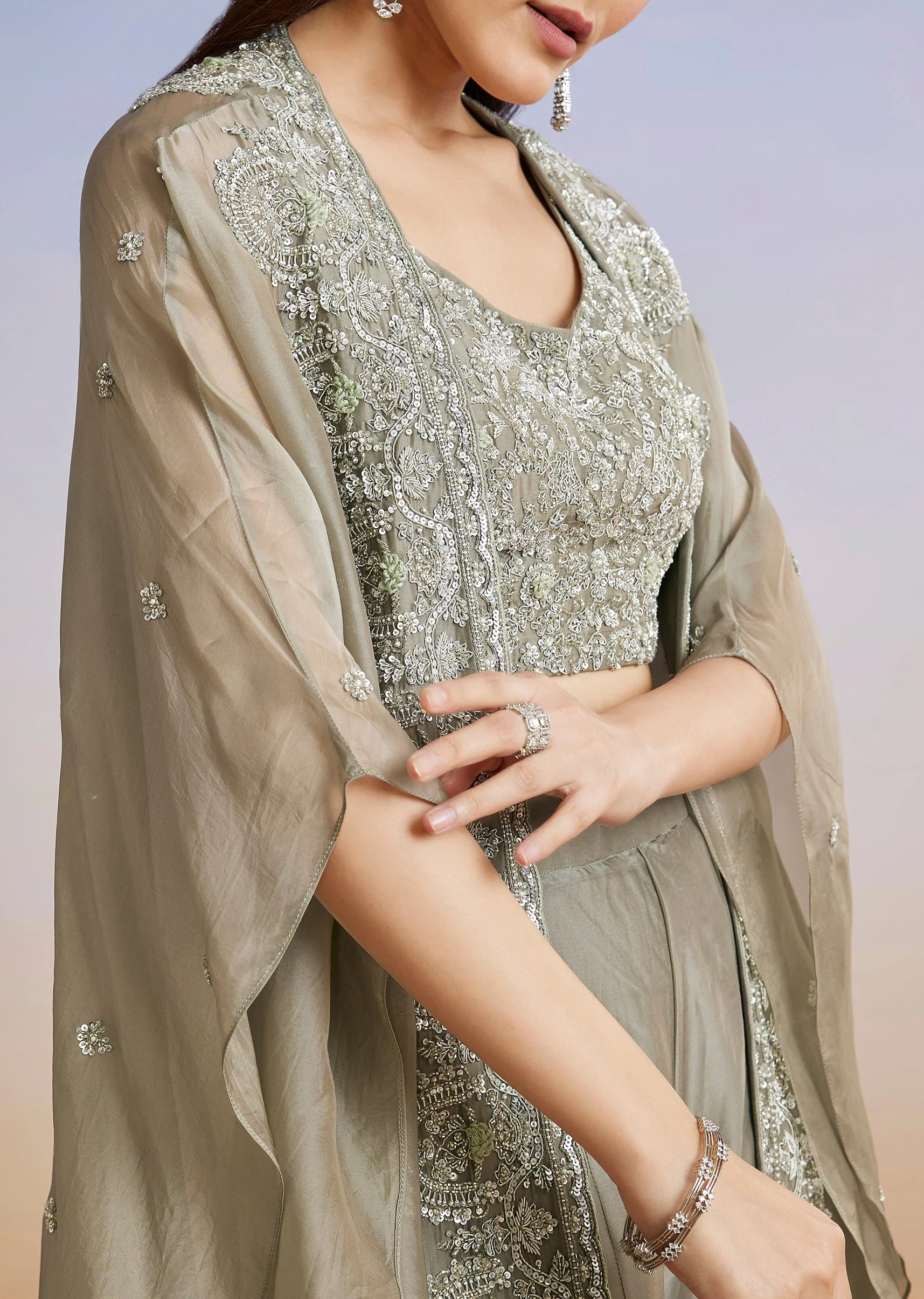 Olive Embroidered Organza Cape Palazzo Set - Image 2