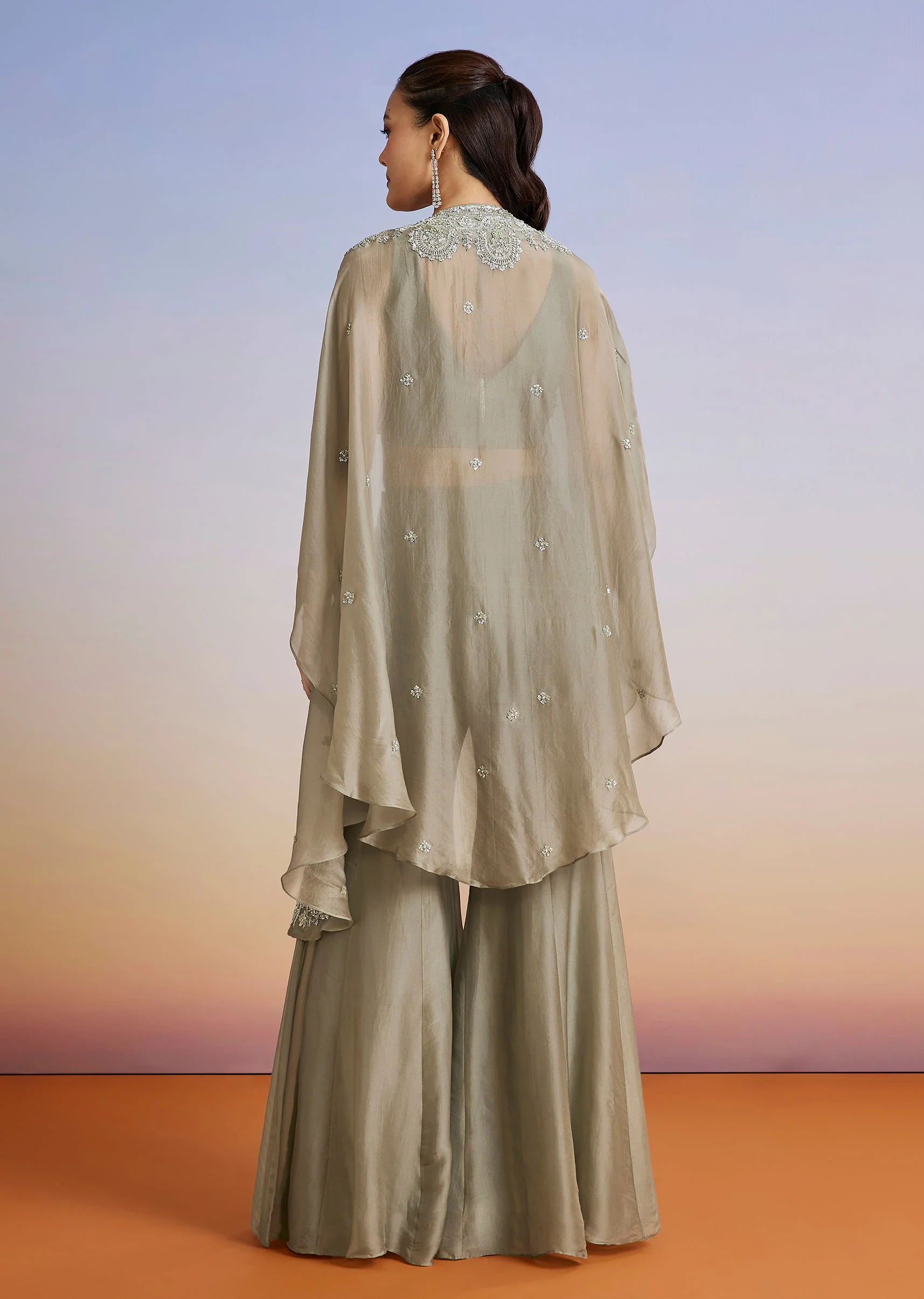Olive Embroidered Organza Cape Palazzo Set - Image 5