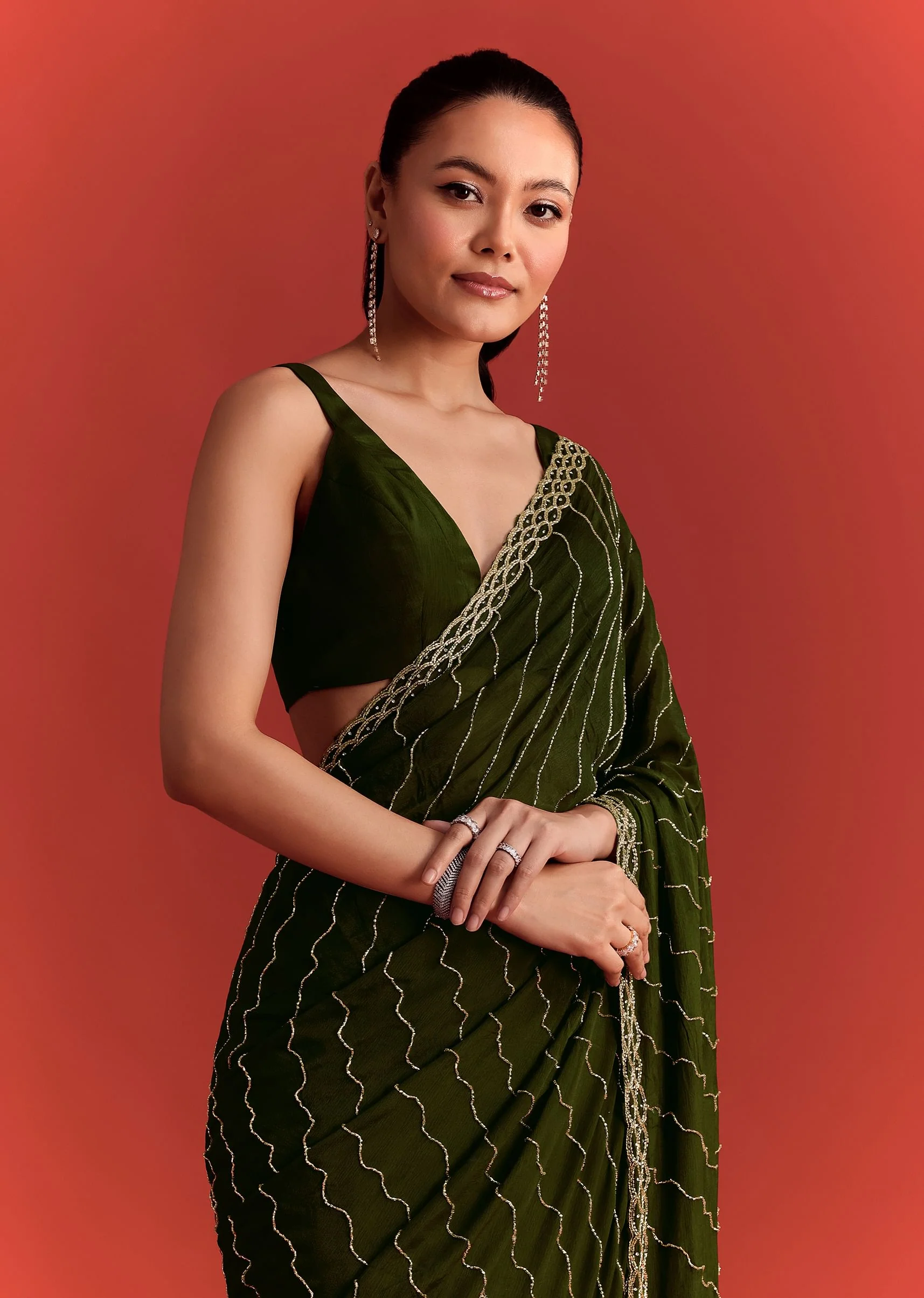 Olive Green Chinnon Saree With Cutdana Work - Image 6