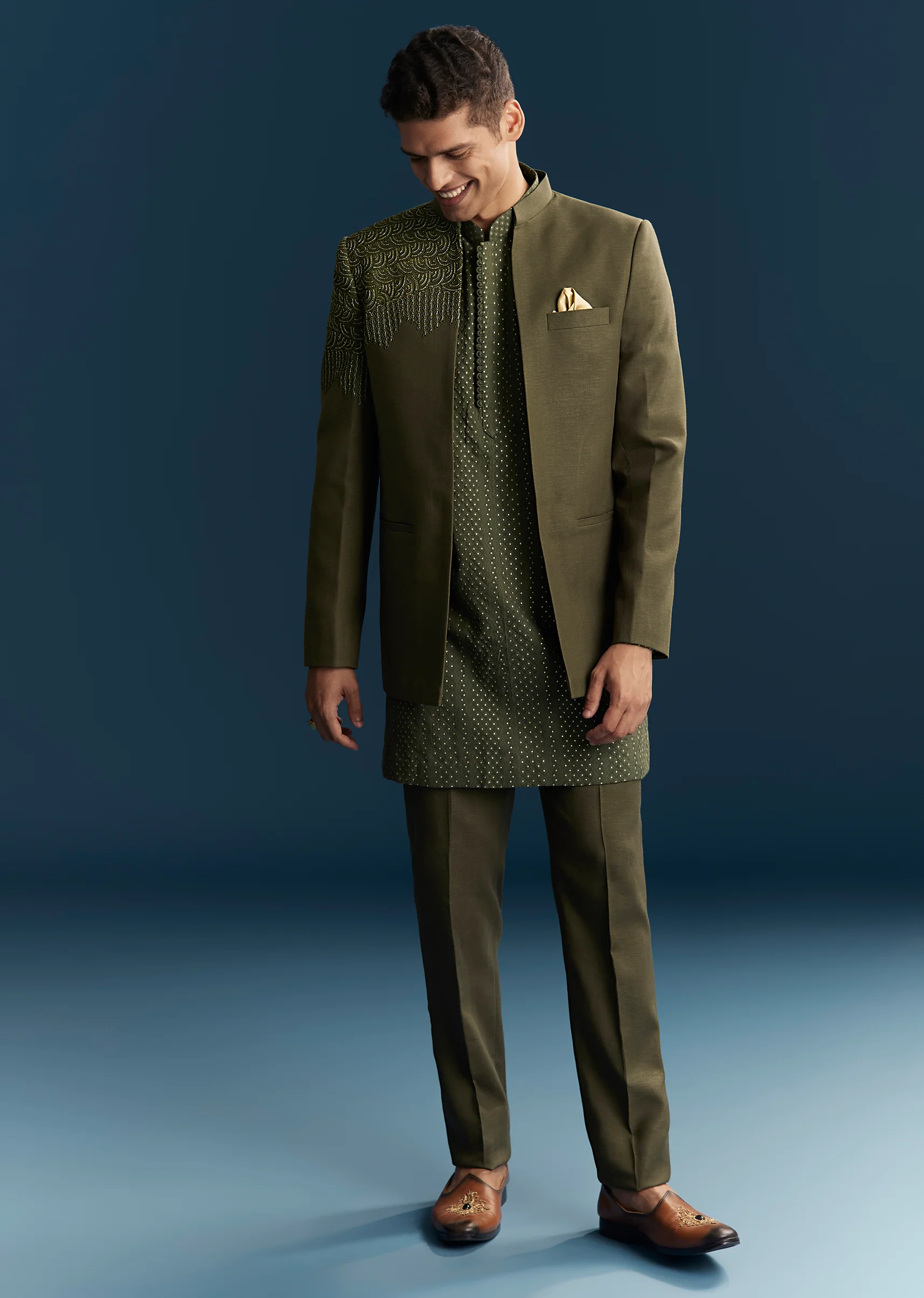 Olive Green Contemporary Duo – Indo Western Crop Top Skirt Set For Her And Jodhpuri Suit For Him - Image 9