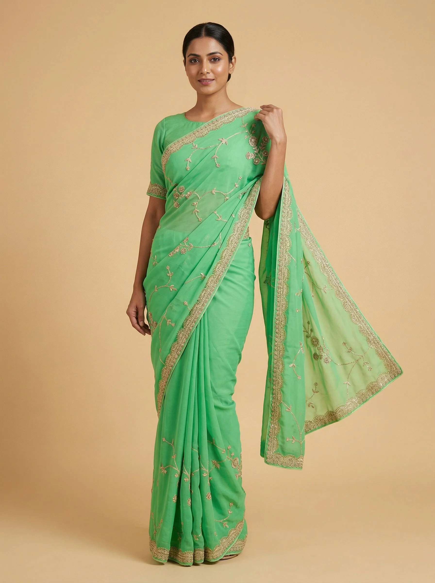 Olive Green Embroidered Saree