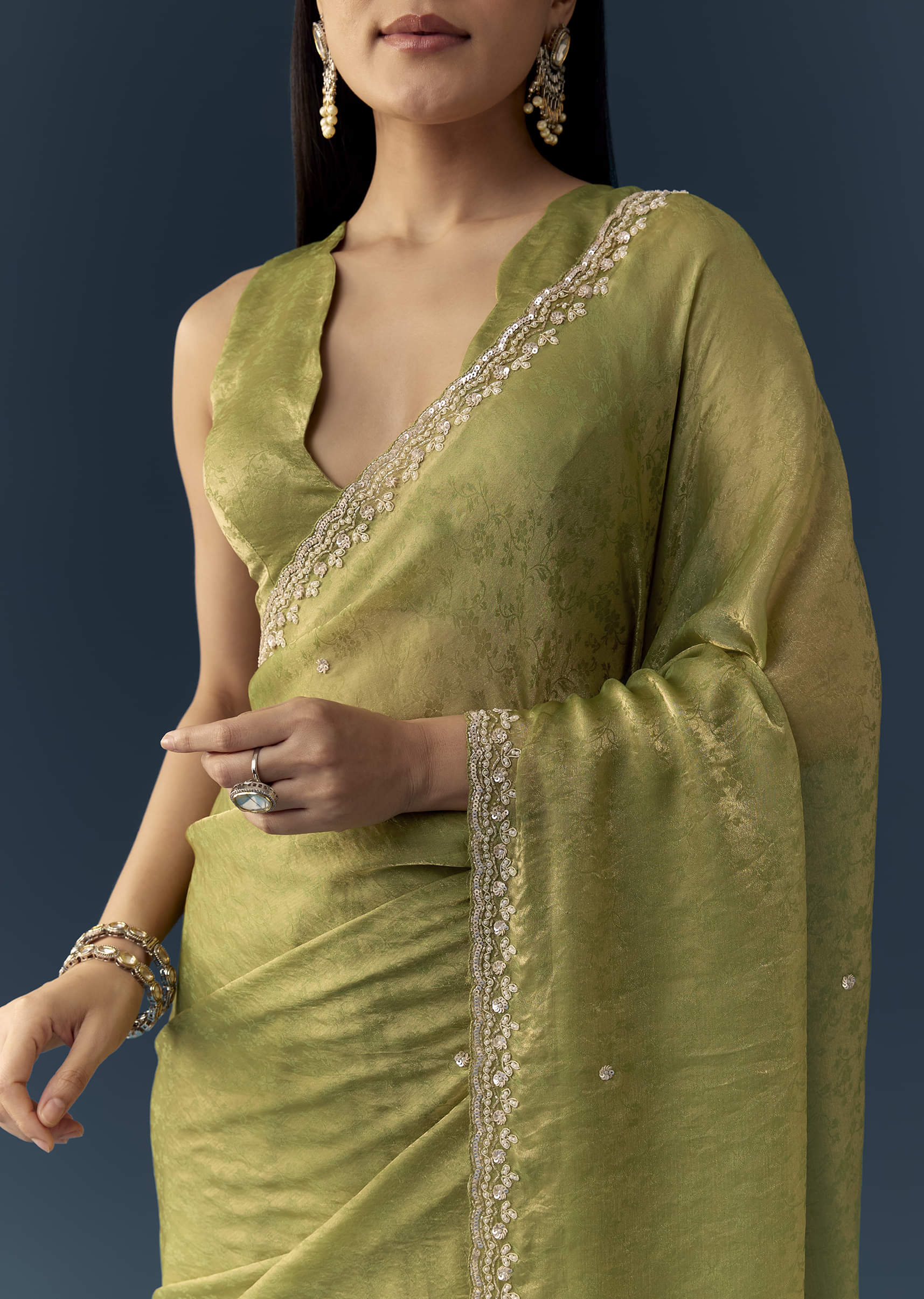 Olive Green Jacquard Printed Tissue Saree with Unstitched Blouse - Image 2