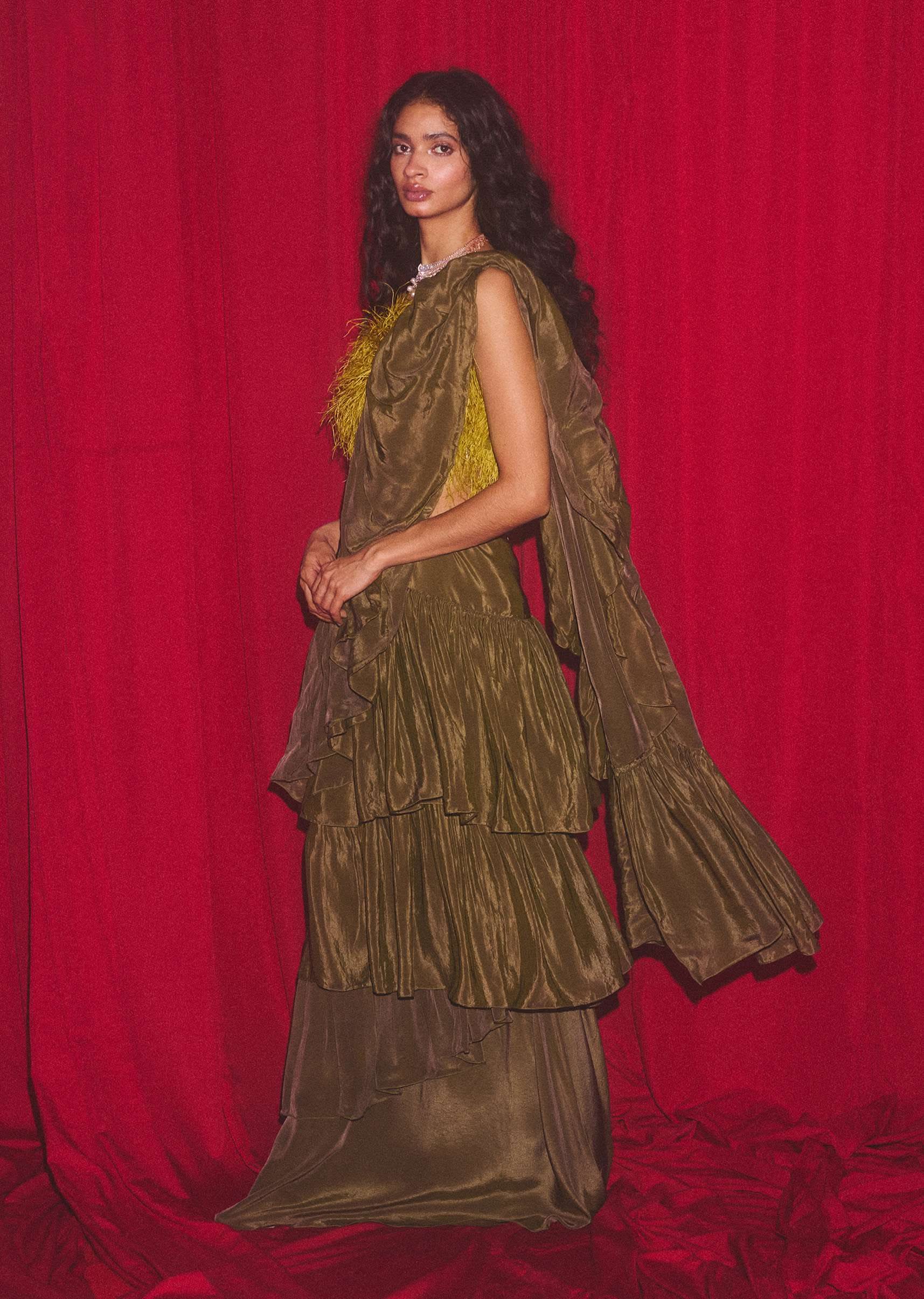 Olive Green Ready Pleated Ruffle Saree In Crepe With Moss Green Fur Crop Top - Image 3