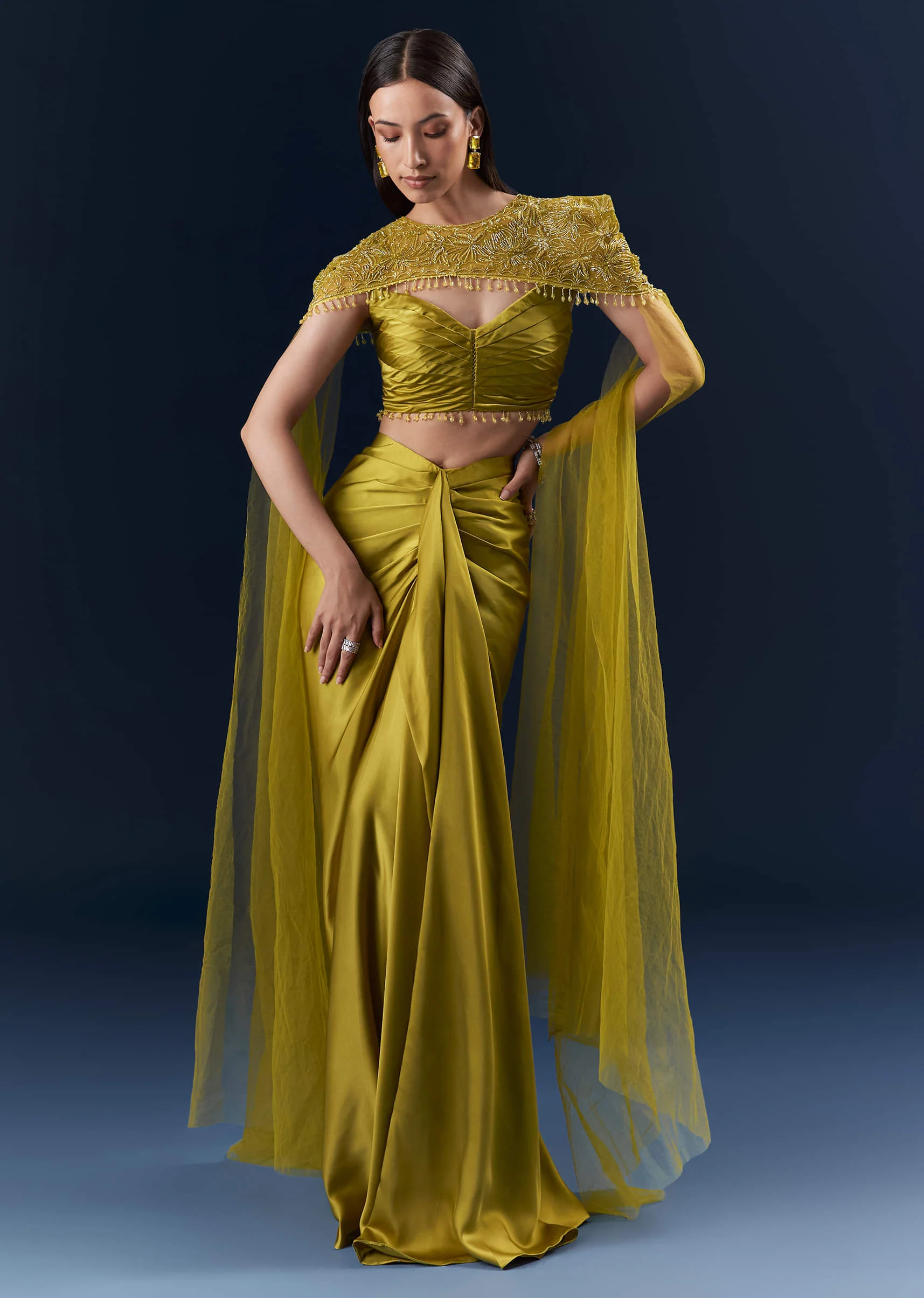 Olive Green Satin Crop Top And Drape Skirt Set With Embroidery - Image 4