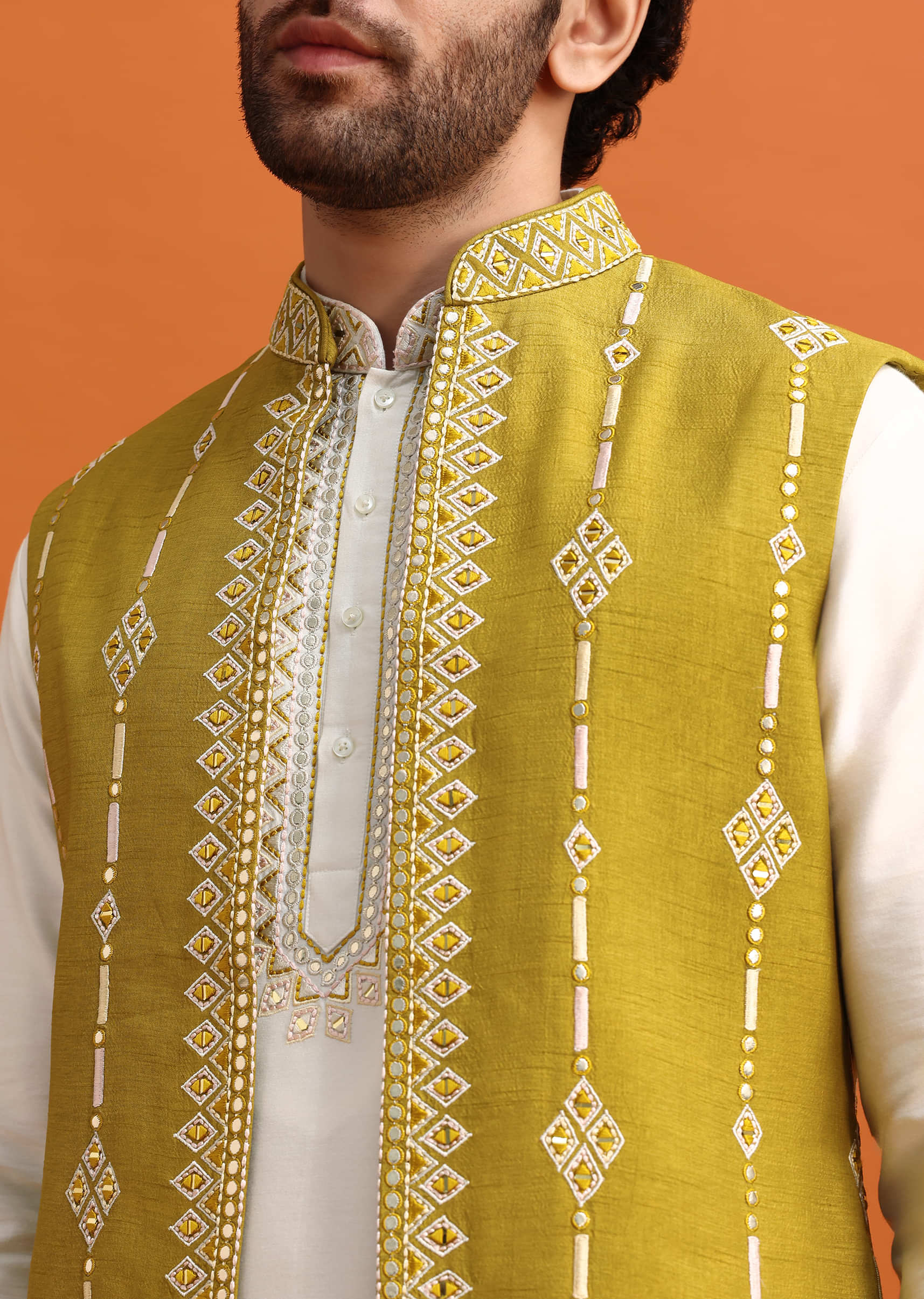 Olive Green Silk Kurta Jacket Set With Mirror Work - Image 2