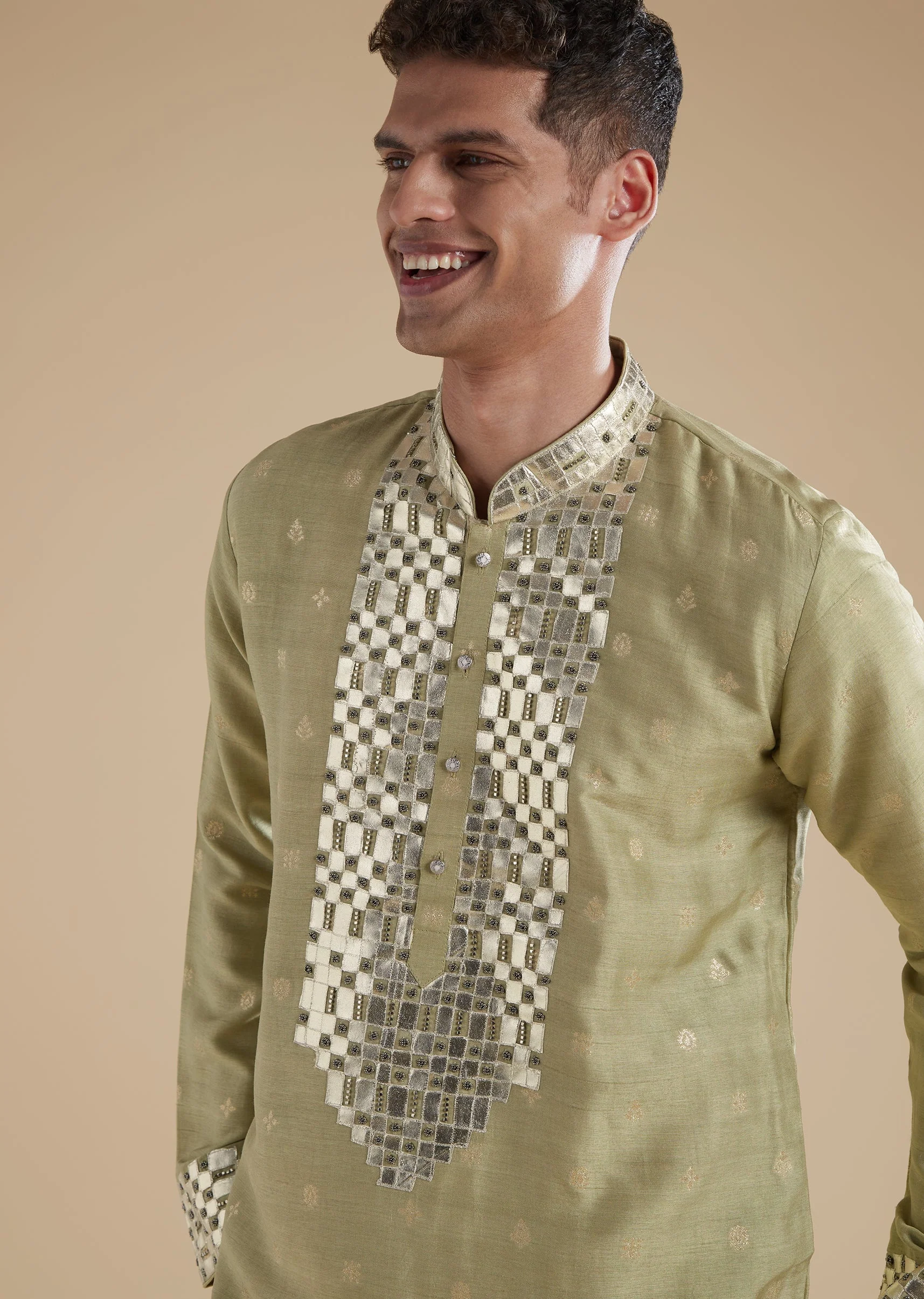 Olive Green Silk Kurta Set With Leather Patch Work - Image 2