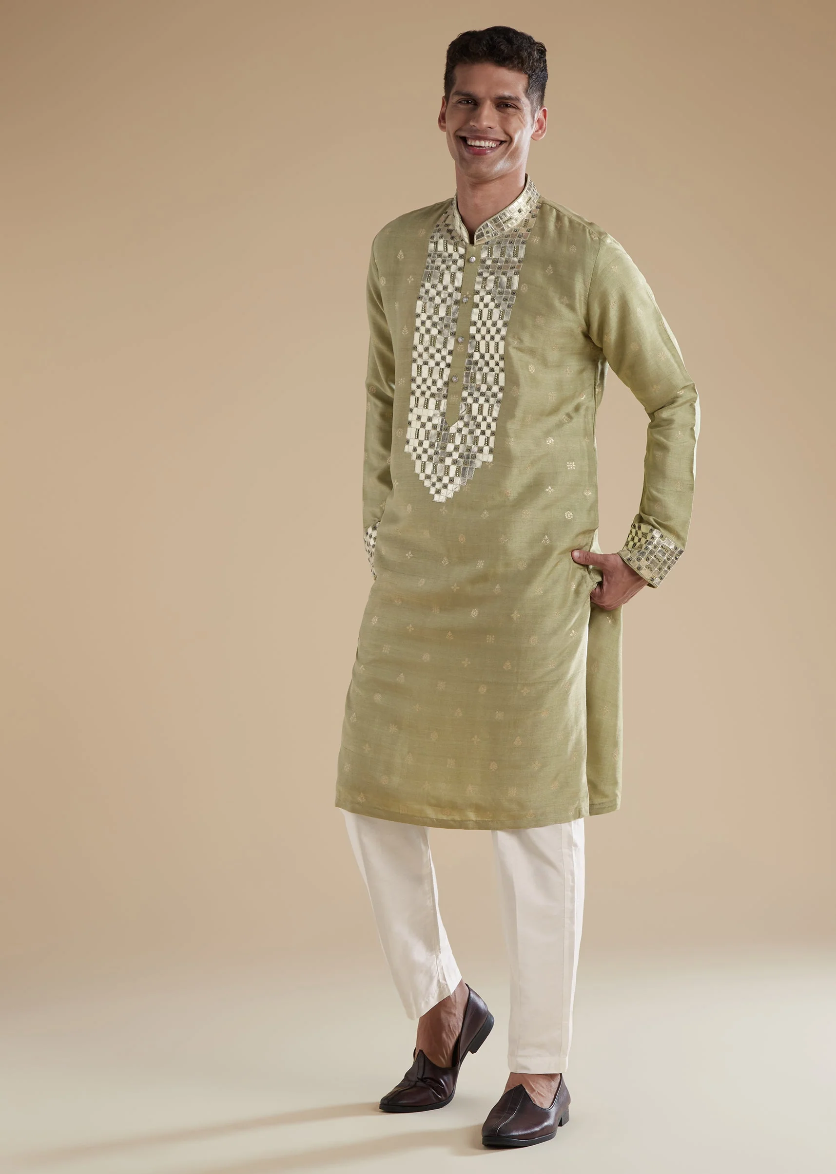 Olive Green Silk Kurta Set With Leather Patch Work - Image 3