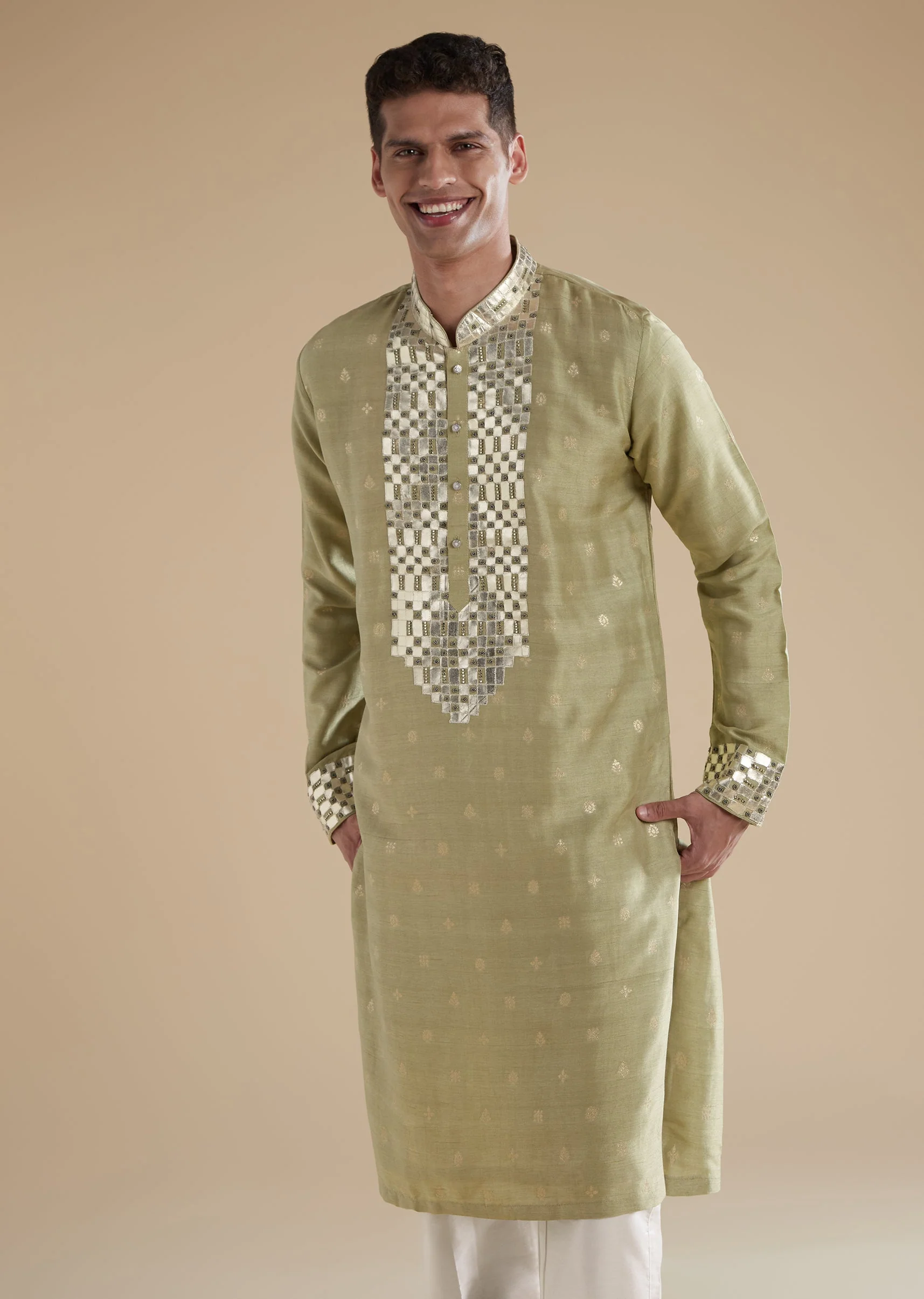 Olive Green Silk Kurta Set With Leather Patch Work - Image 4