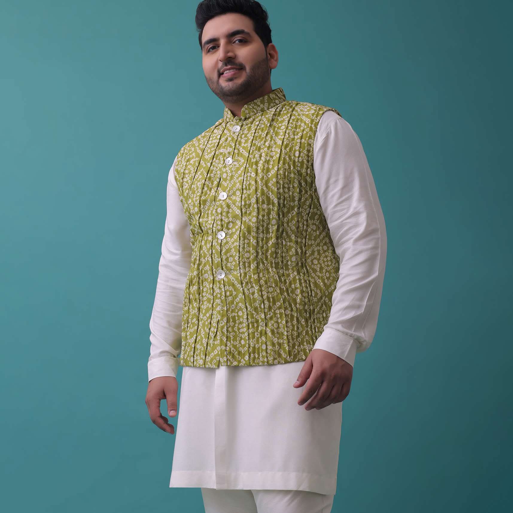Olive Green Tussar Silk Jacket And Kurta Set With Bandhani Print - Image 2