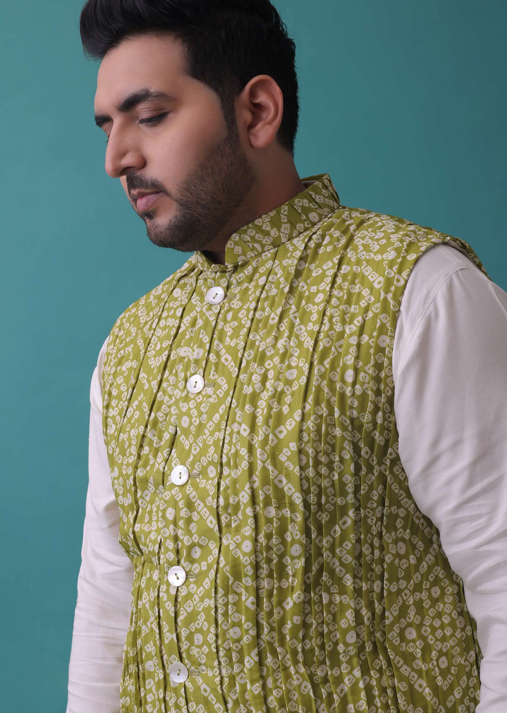 Olive Green Tussar Silk Jacket And Kurta Set With Bandhani Print - Image 4