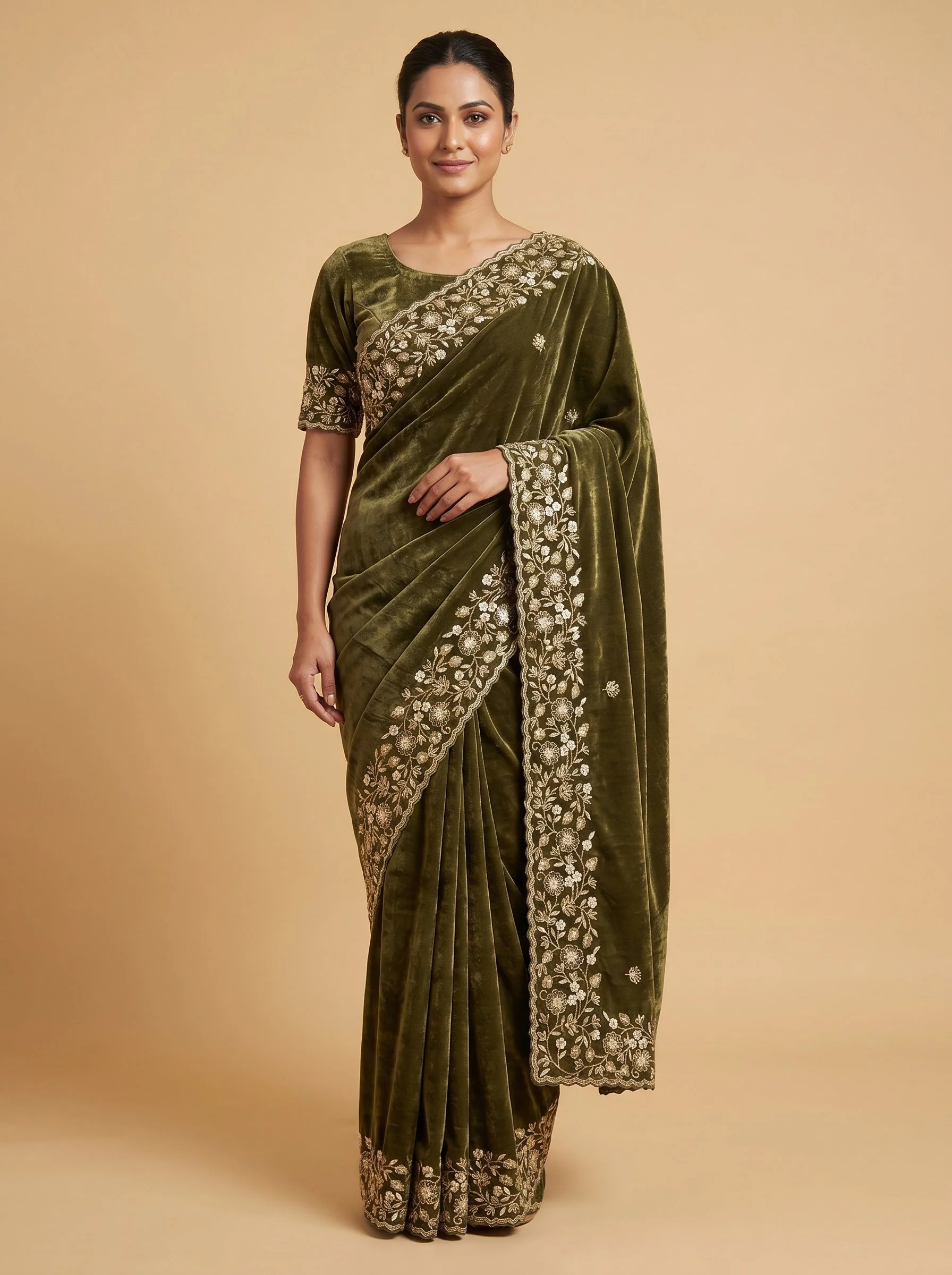 Olive Linen Embroidered Saree