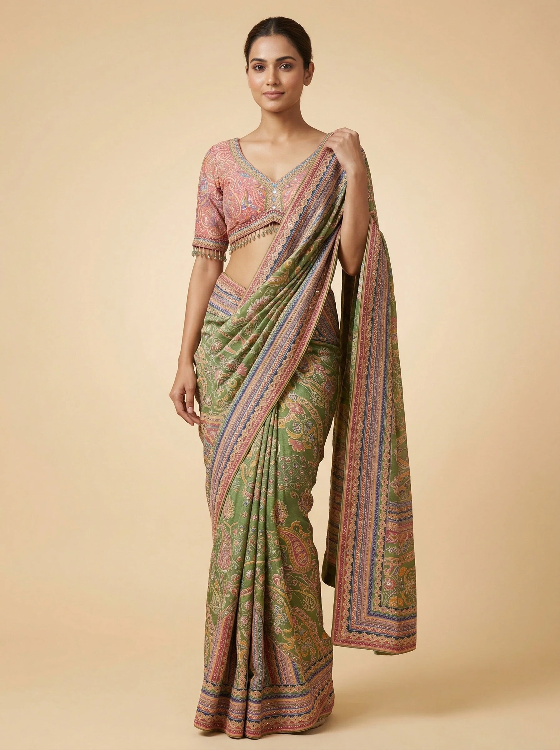 Olive Mehandi Green Embroidered Saree