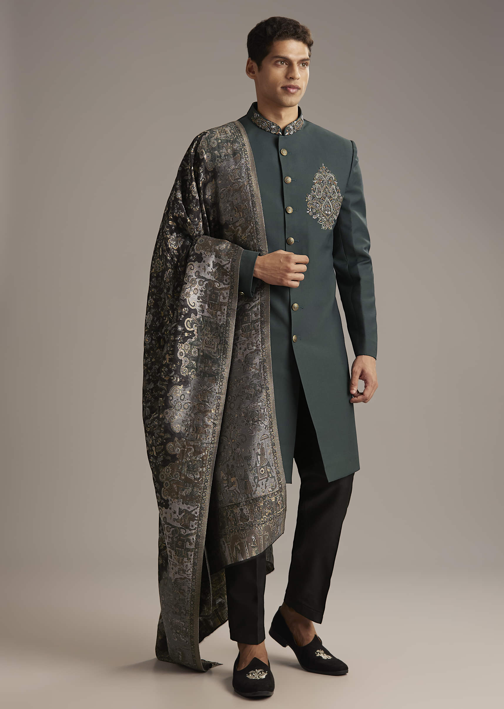 Olive Rayon Groomsman Sherwani With Intricate Hand Embroidery - Image 3