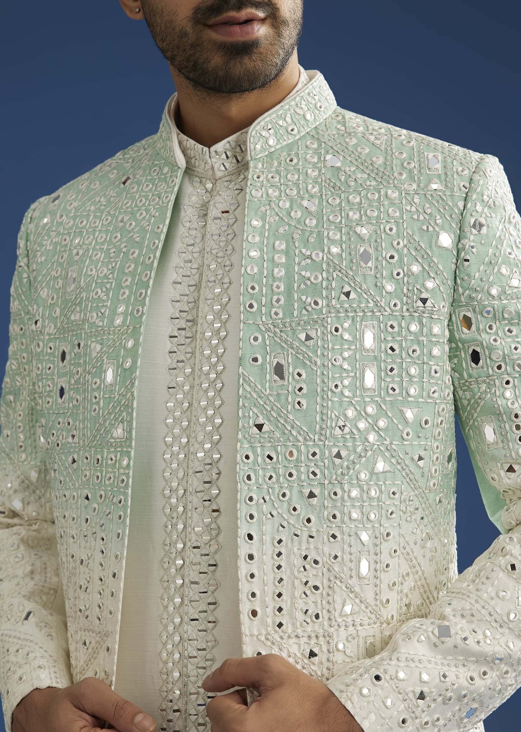 Ombre Green Silk Indo Western Jacket Set With Mirror And Thread Work - Image 4