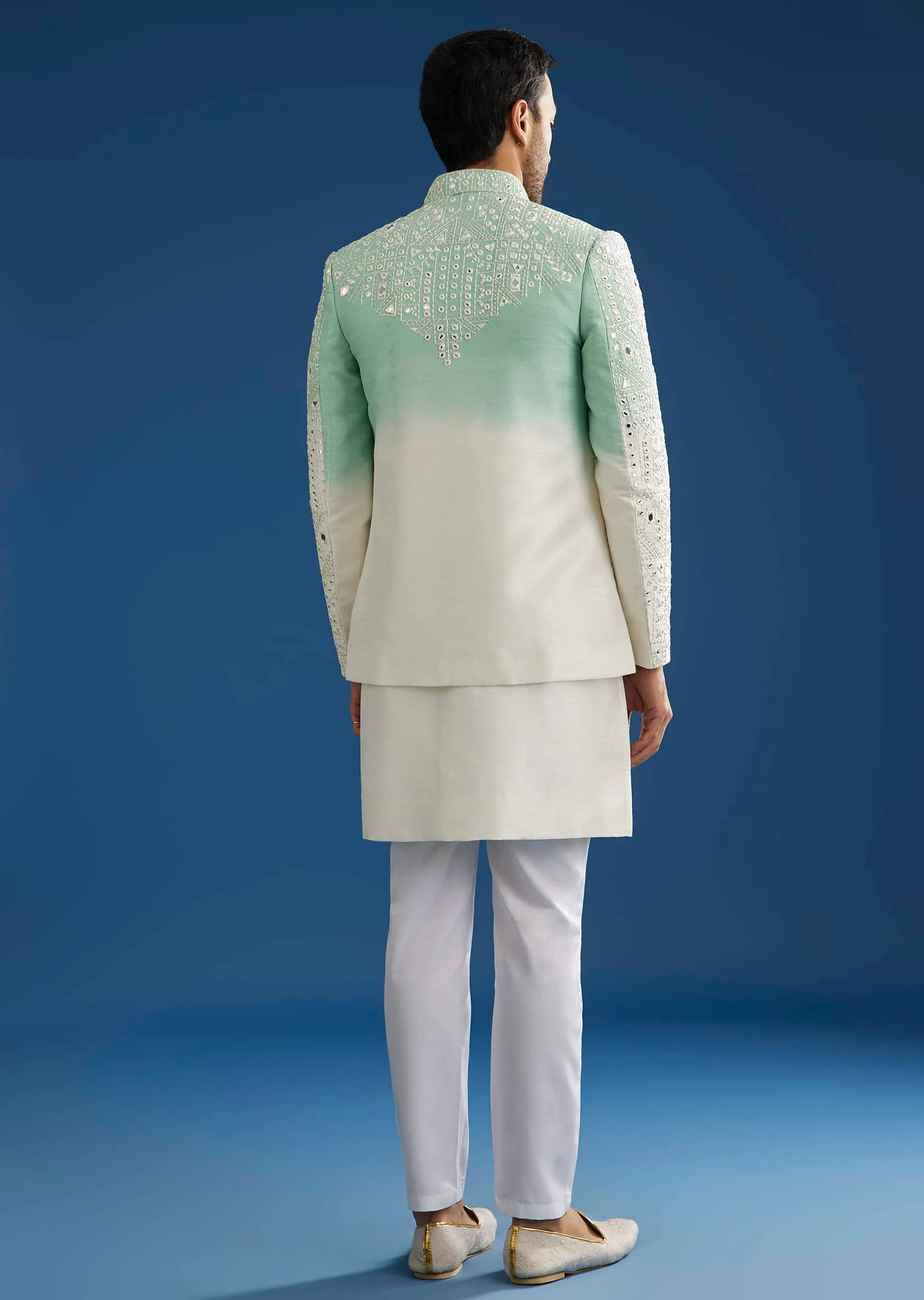 Ombre Green Silk Indo Western Jacket Set With Mirror And Thread Work - Image 5