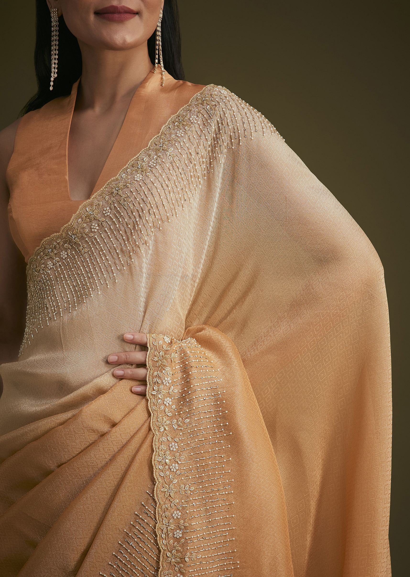 Ombre Orange Jacquard Saree With Cutdana And Stone Embroidery - Image 3
