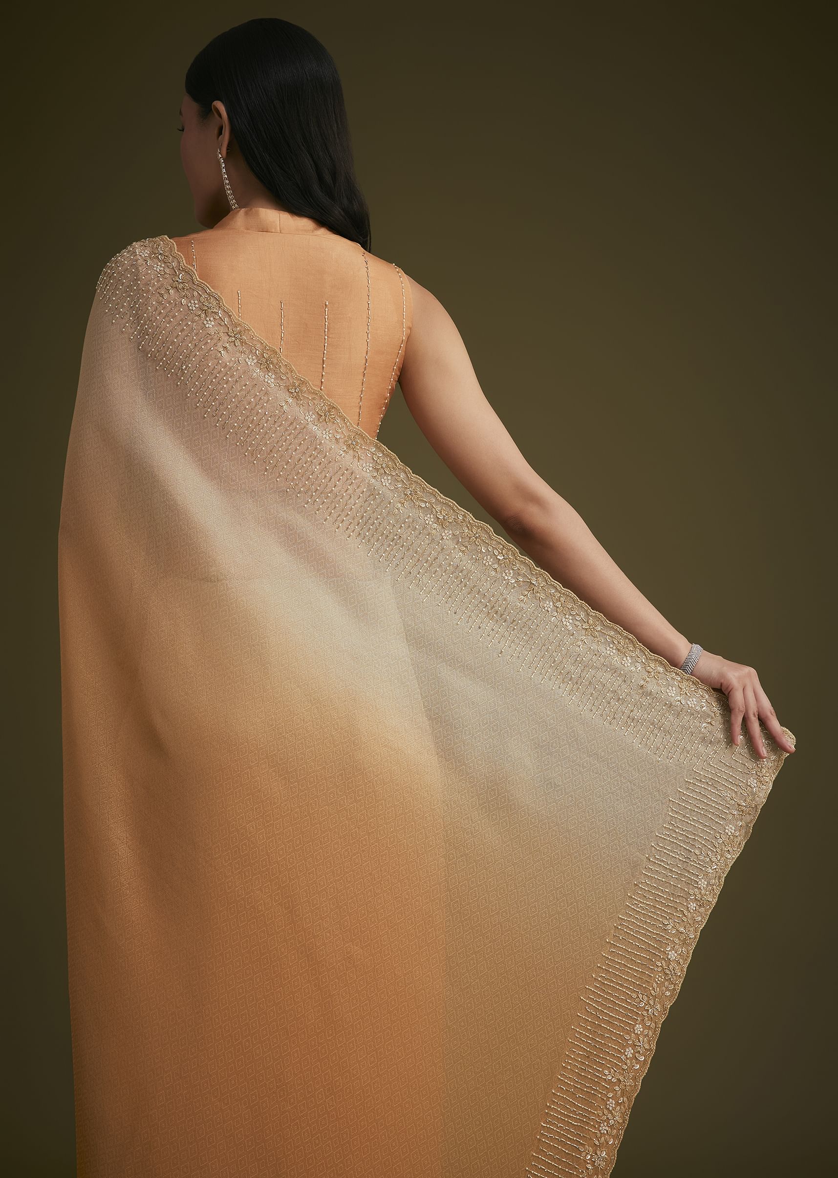 Ombre Orange Jacquard Saree With Cutdana And Stone Embroidery - Image 4