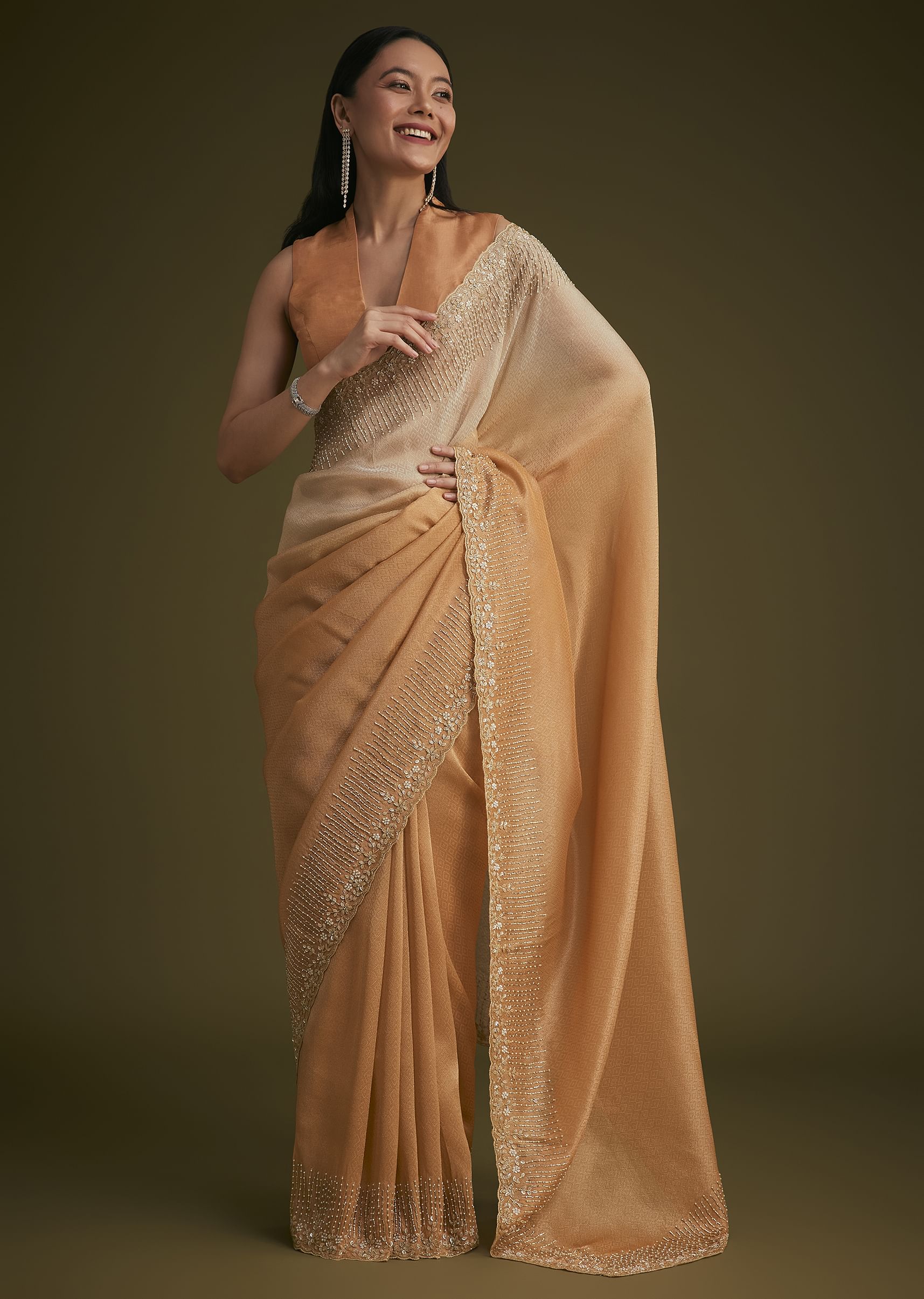 Ombre Orange Jacquard Saree With Cutdana And Stone Embroidery - Image 5