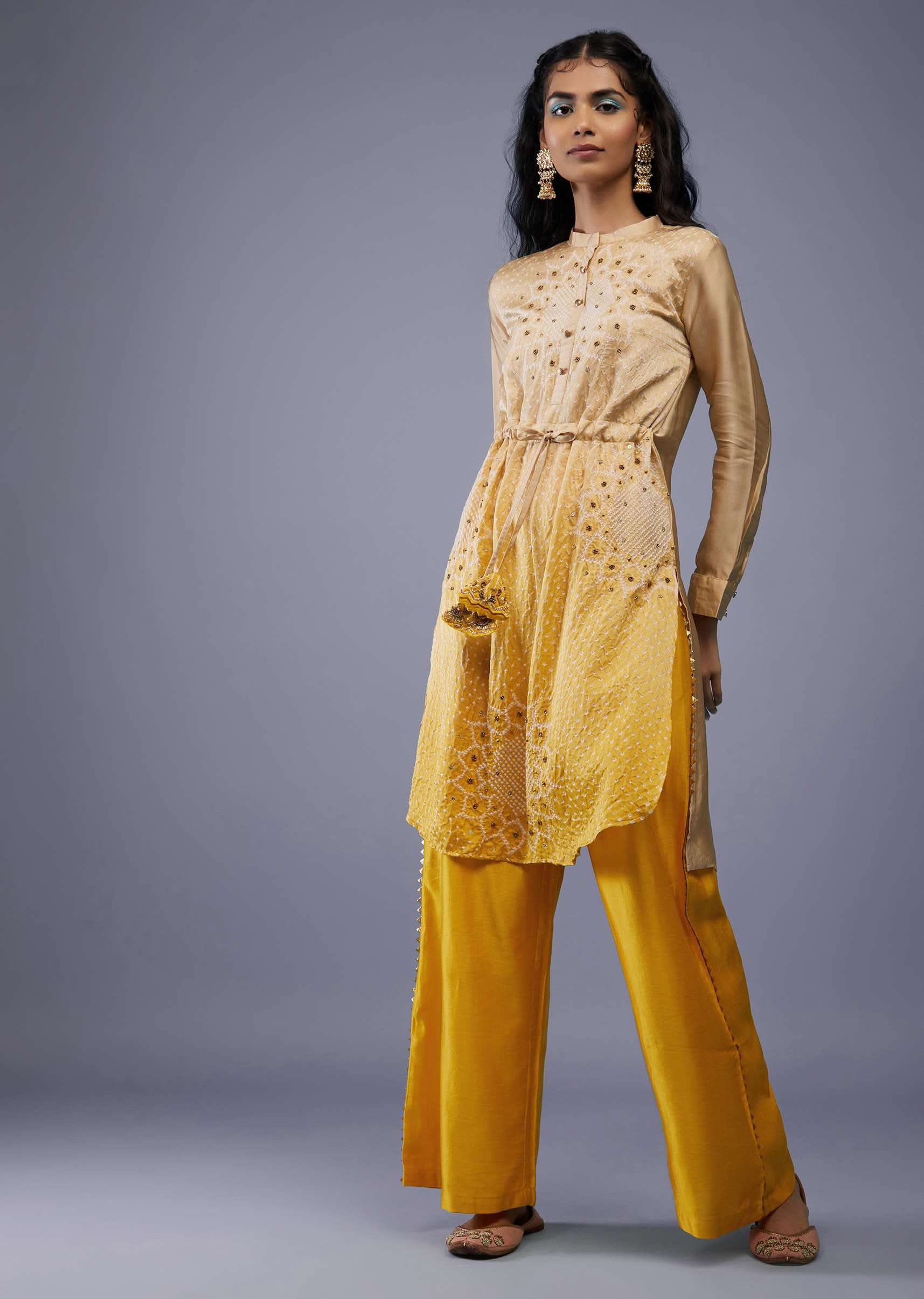 Ombre Shaded Champagne Brown And Cyber Yellow Gajji Silk Bandhani Top With Cotton Silk Palazzo - Image 7