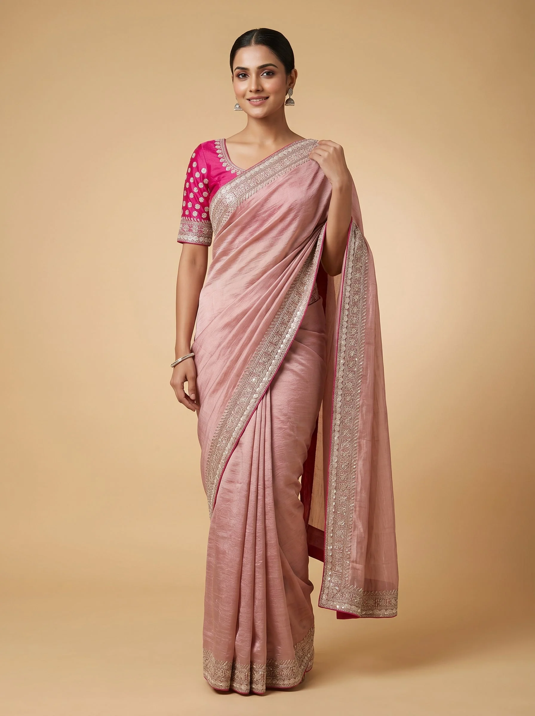 Onion Pink Dust Rose Embroidered Saree