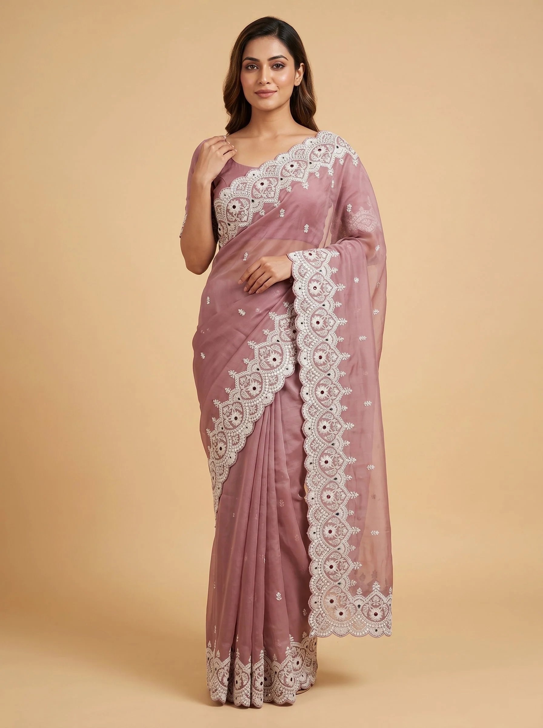 Onion Pink Dusty Rose Embroidered Saree