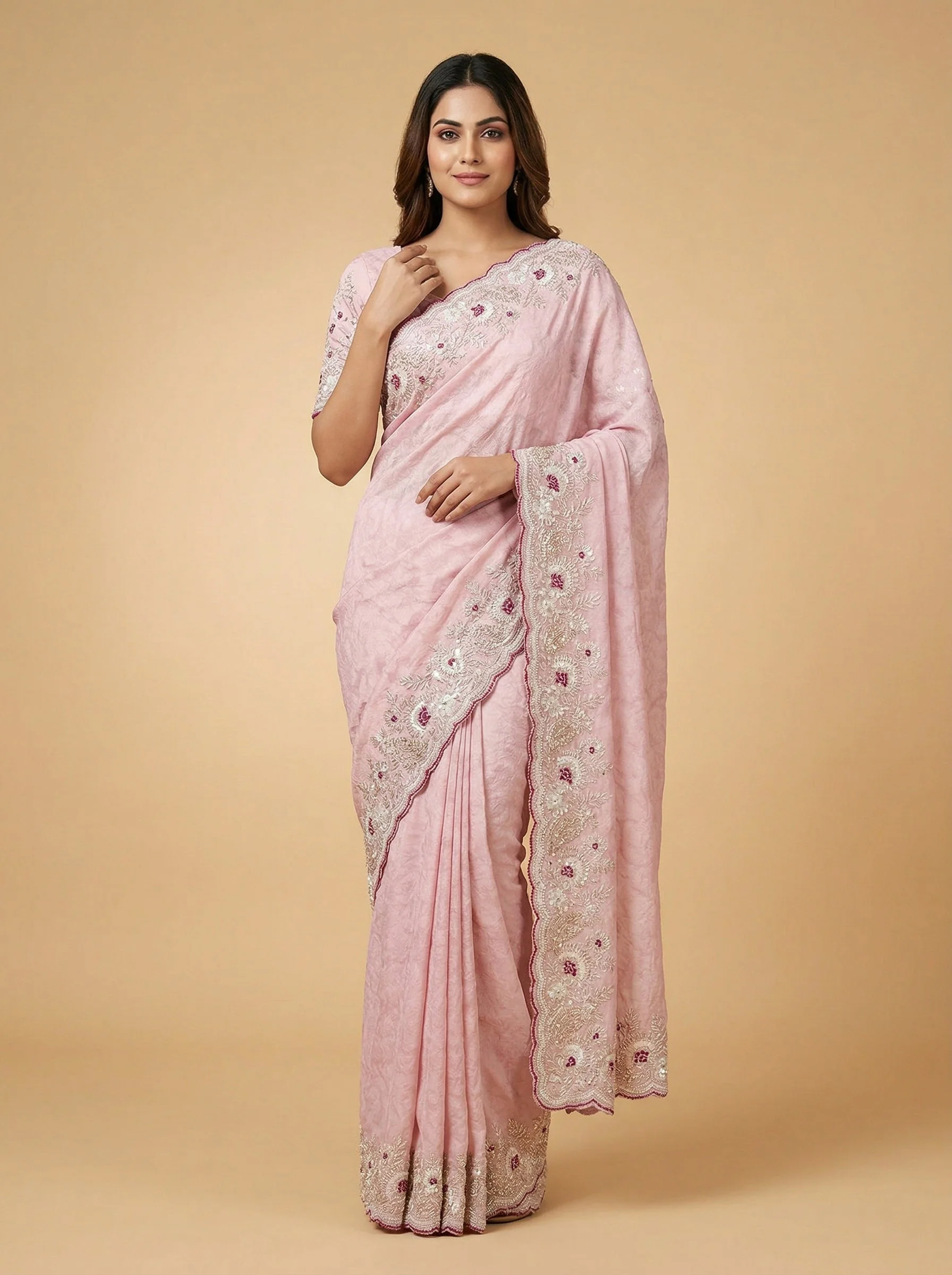 Onion Pink Fine Embroidered Saree