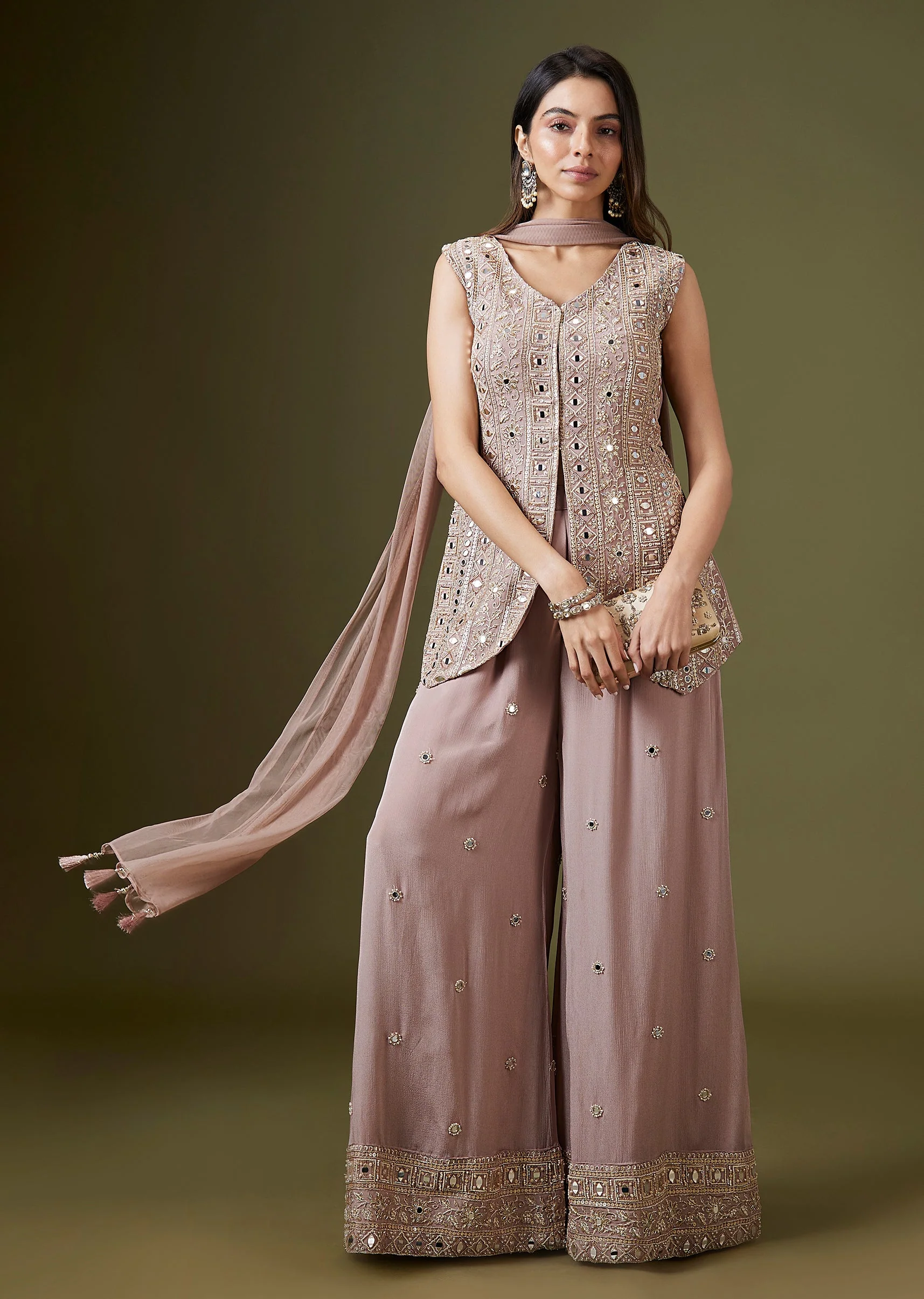 Onion Pink Front Slit Palazzo Set With Mirror Cut Dana Work