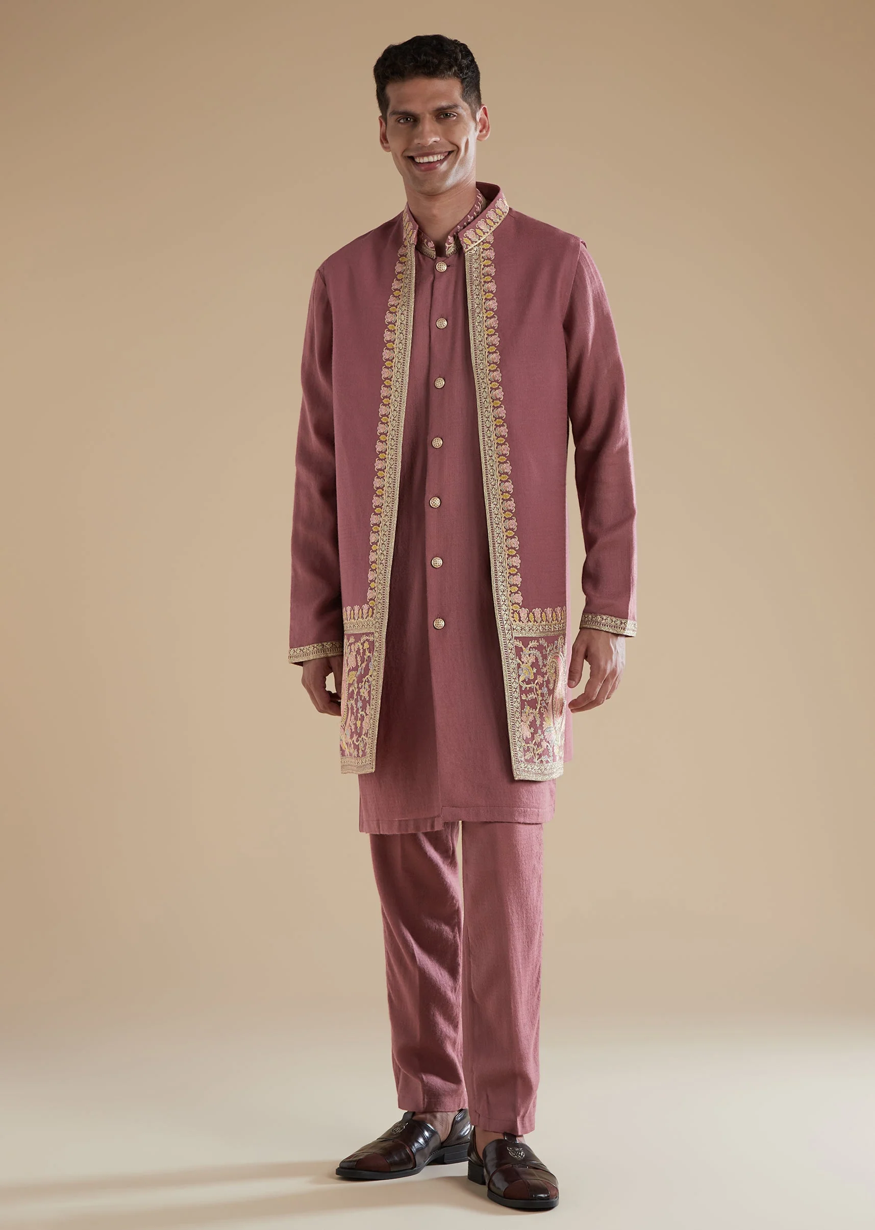 Onion Pink Pashmina Kurta Jacket Set With Thread Resham Work