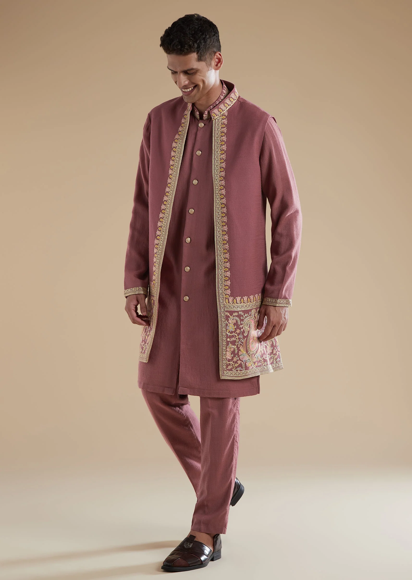 Onion Pink Pashmina Kurta Jacket Set With Thread Resham Work - Image 3