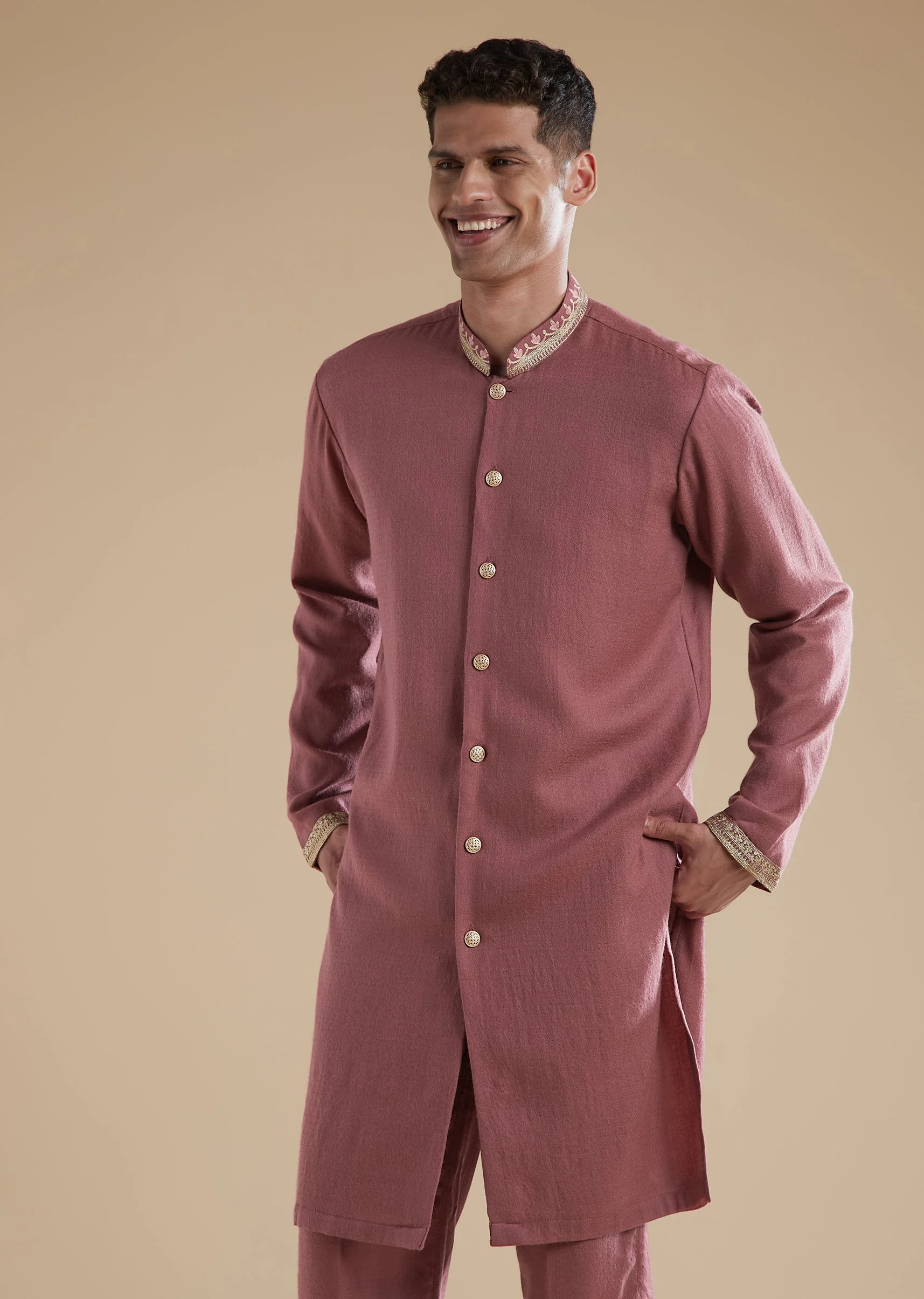 Onion Pink Pashmina Kurta Jacket Set With Thread Resham Work - Image 5