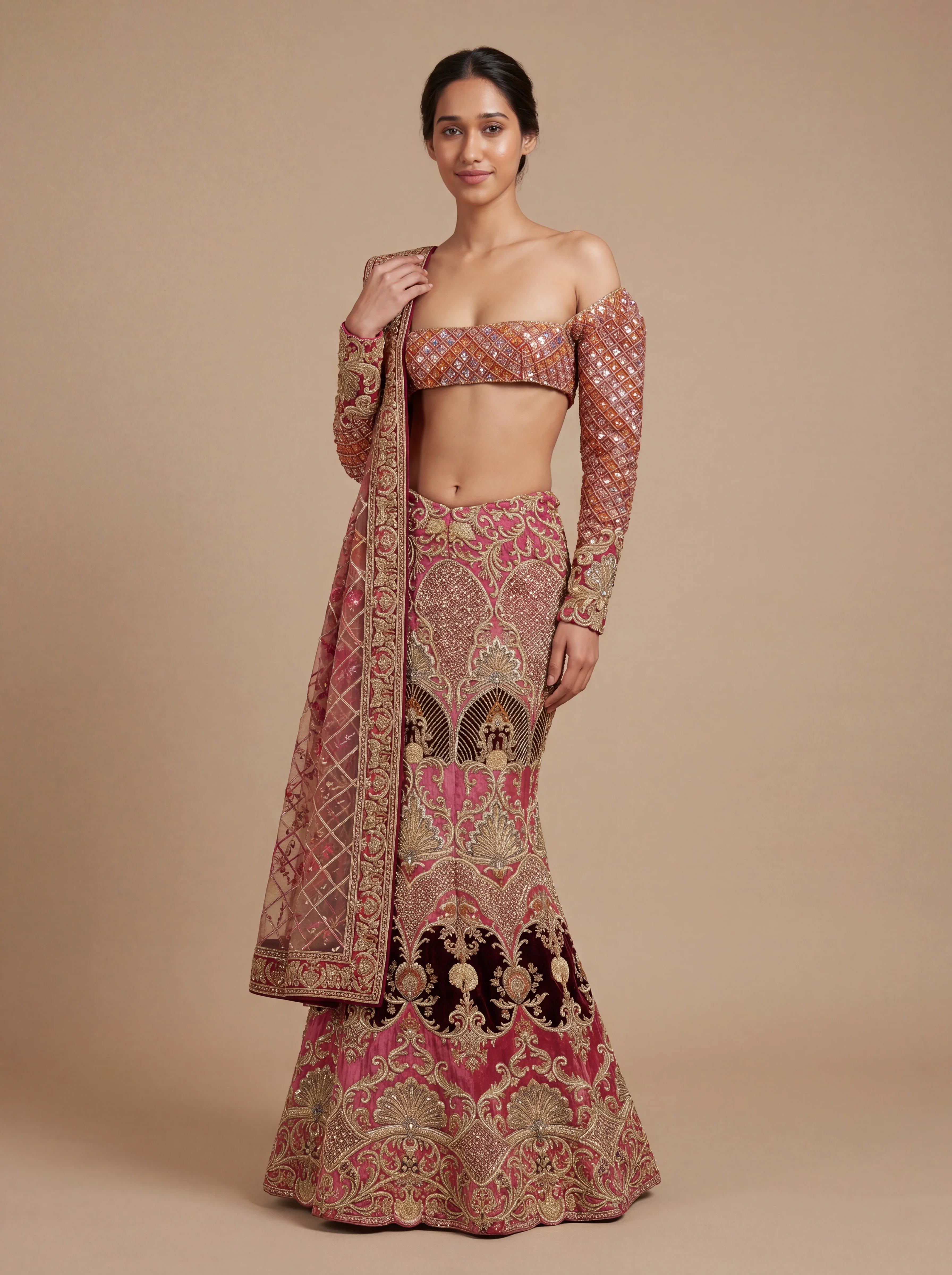 Onion Pink Pheras Bridal Lehenga With Delicate Embroidery Soft Volume