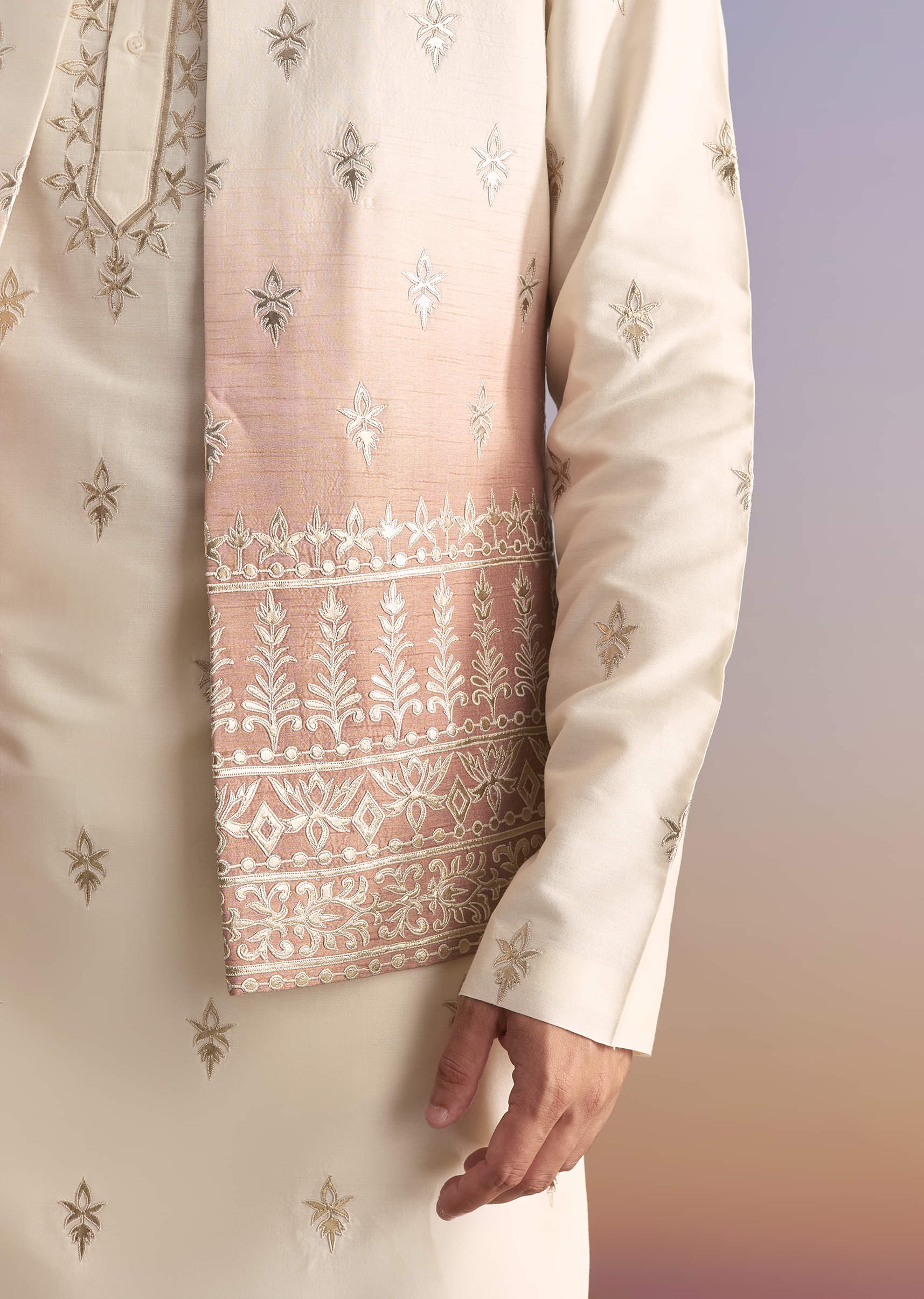 Onion Pink Silk Kurta Jacket Set For Men With Applique Work - Image 4