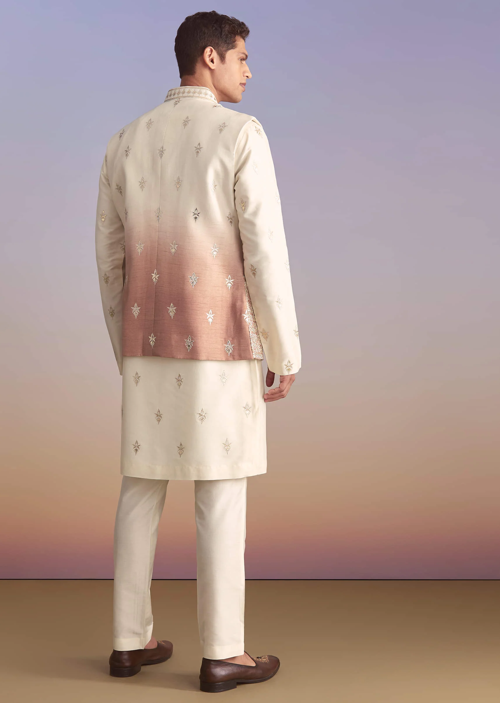 Onion Pink Silk Kurta Jacket Set For Men With Applique Work - Image 5