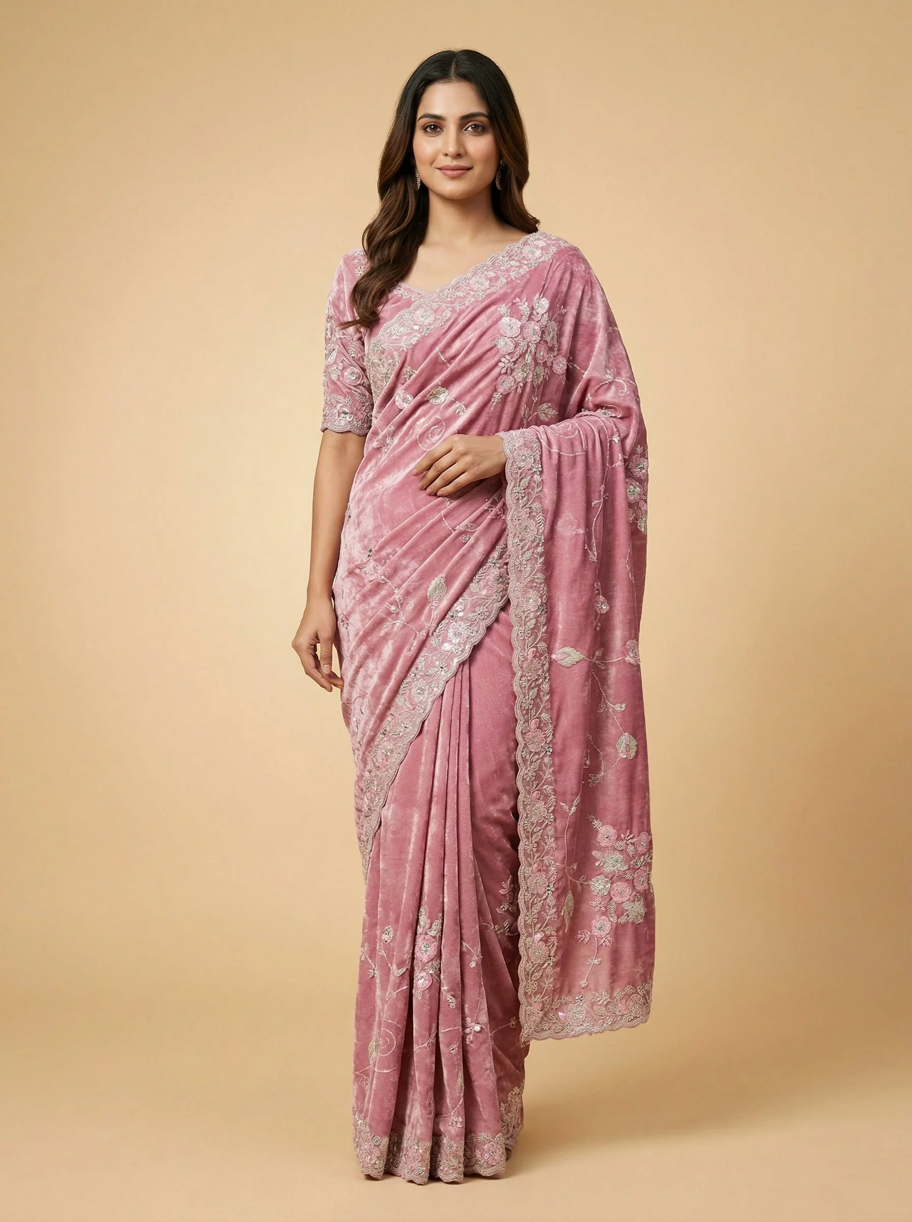 Onion Pink Softened Embroidered Saree