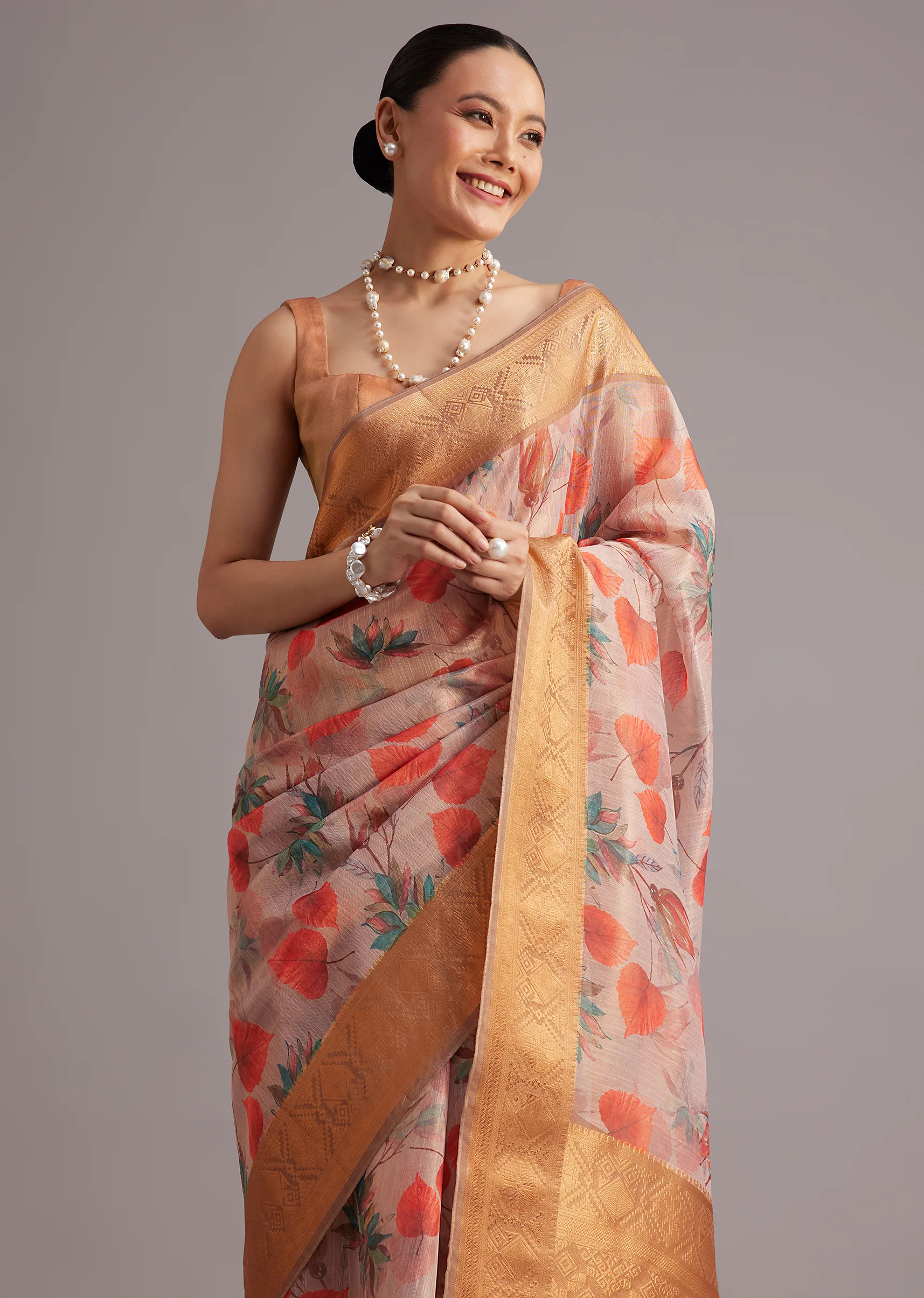 Onion Pink Tissue Silk Printed Saree With Zari Woven Contrast Border And Pallu - Image 2