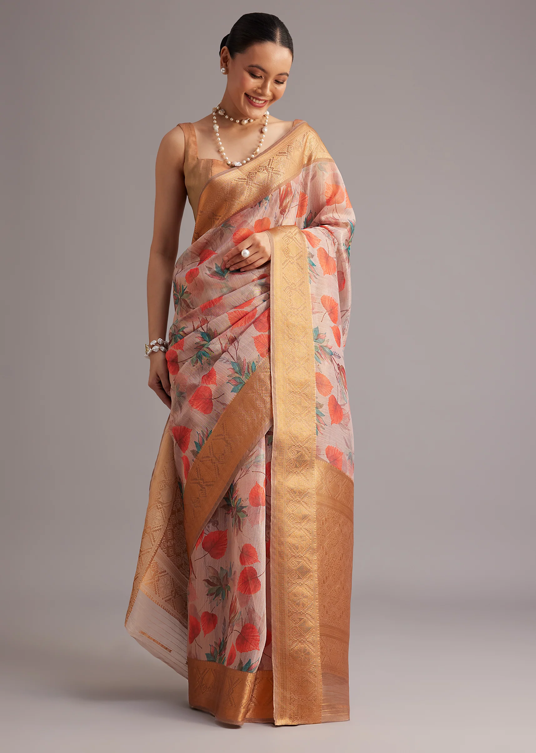 Onion Pink Tissue Silk Printed Saree With Zari Woven Contrast Border And Pallu - Image 3