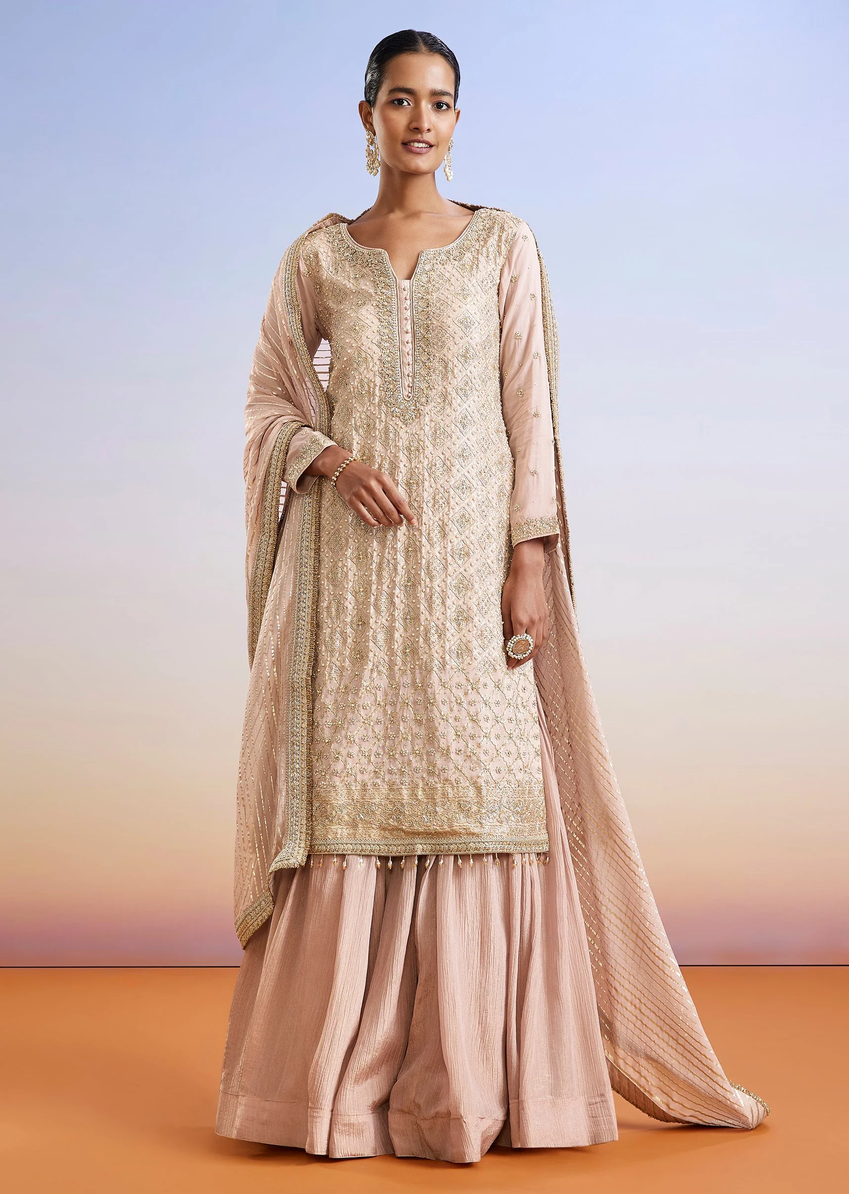 Onion Pink Zardosi Embroidered Sharara Suit With Dupatta - Image 3